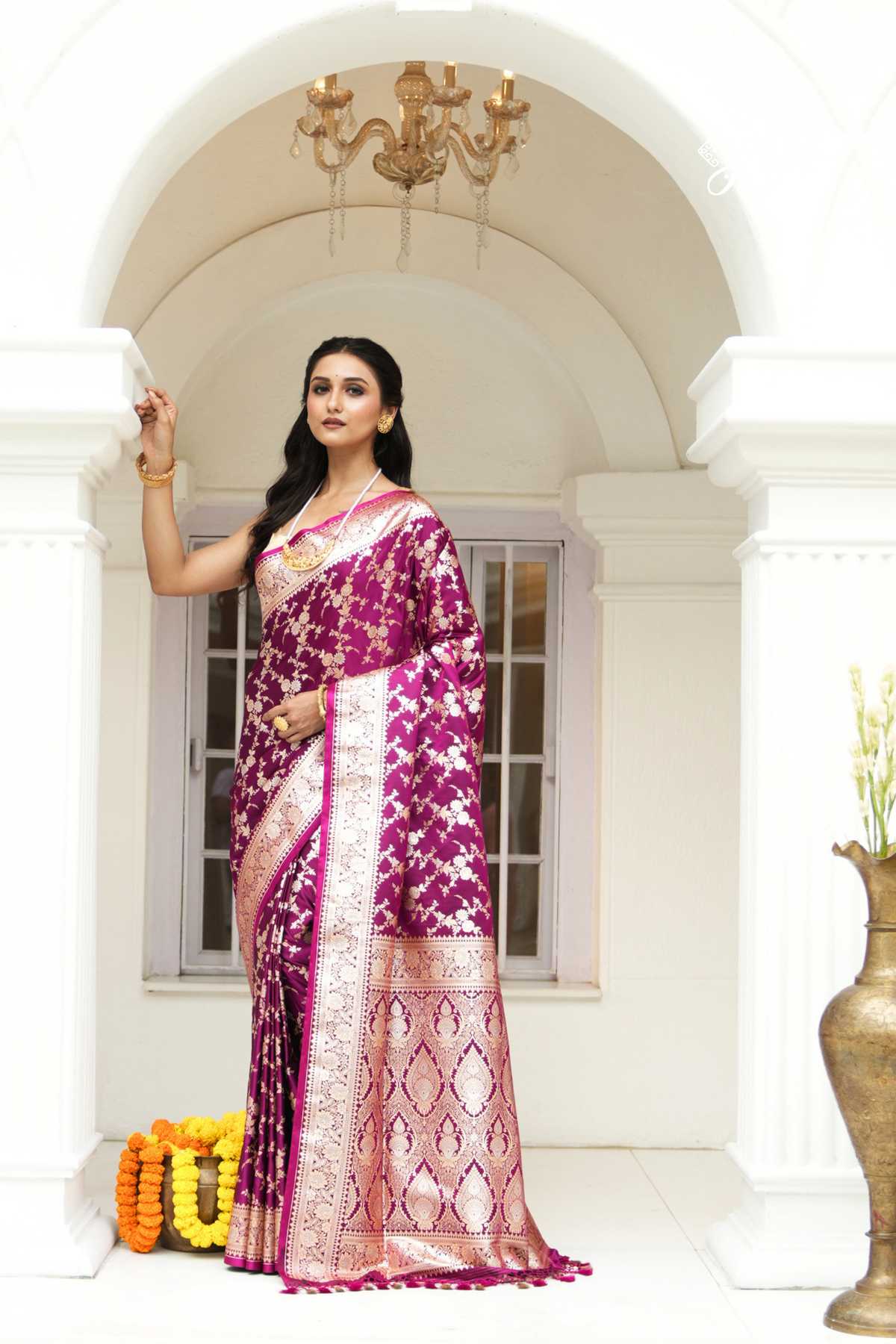 Purple Satin Silk Jaal Banarasi Saree