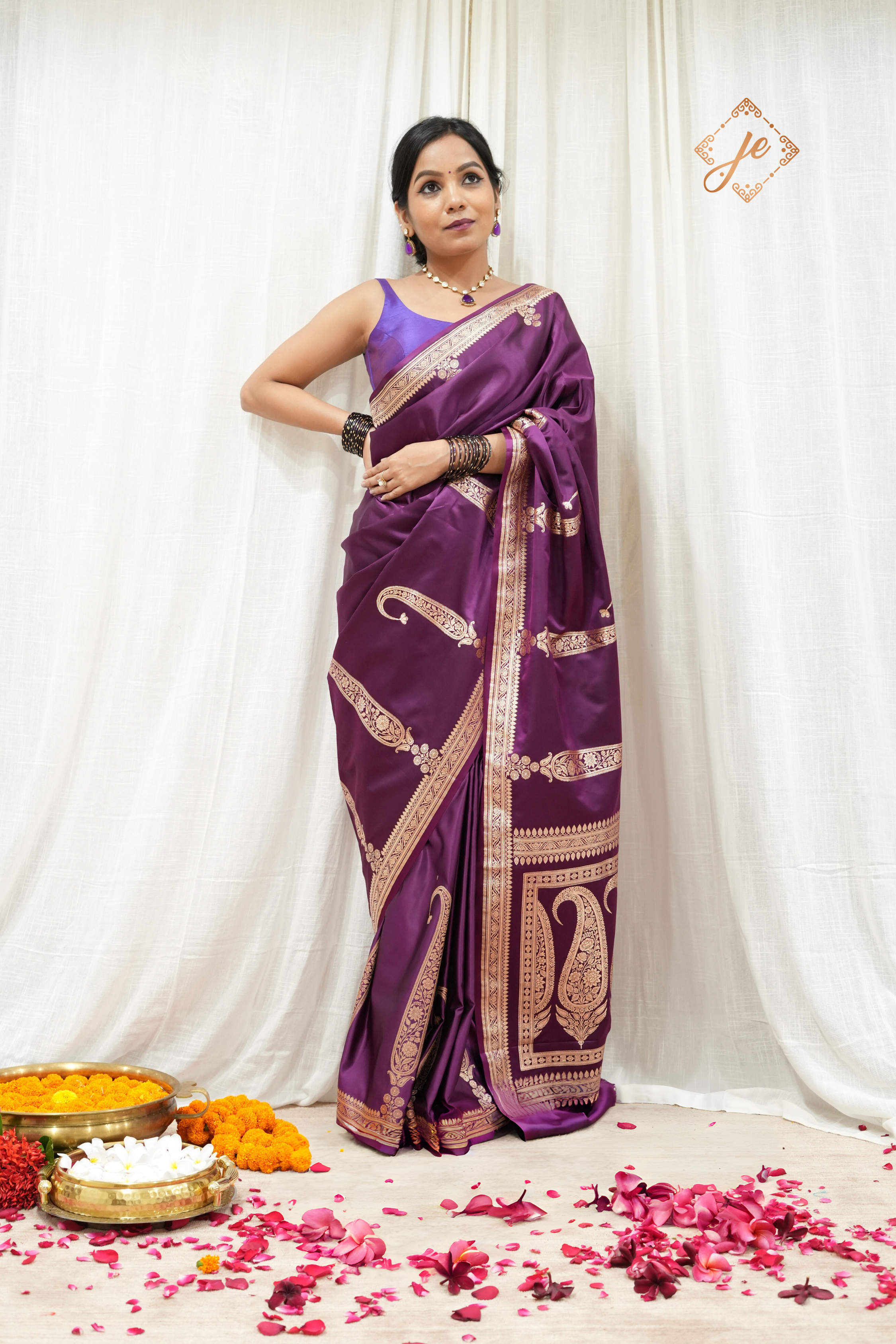 Purple Satin Silk Banarasi Saree