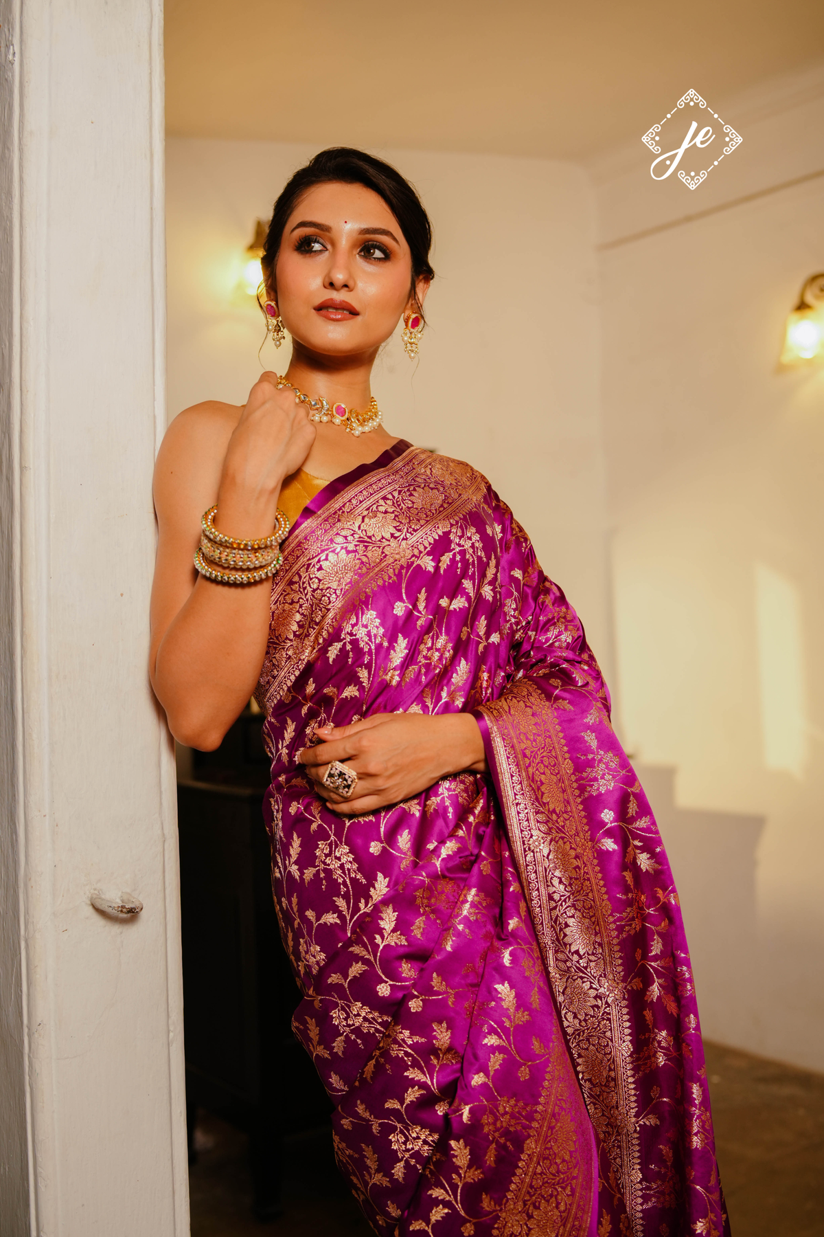 Purple Satin Silk Jaal Banarasi Saree