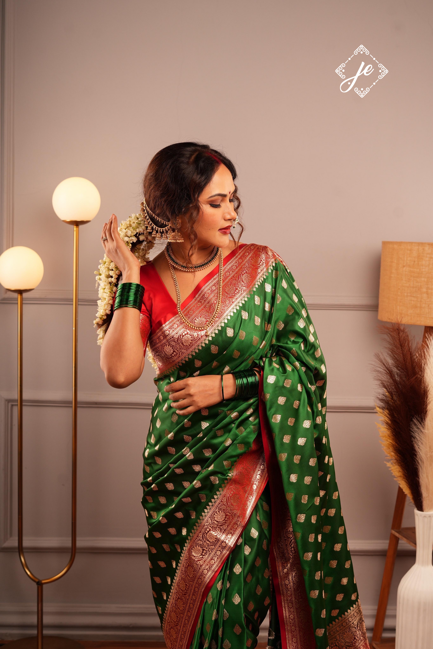 Bottle Green Satin Silk with Contrast Red Border Banarasi Saree