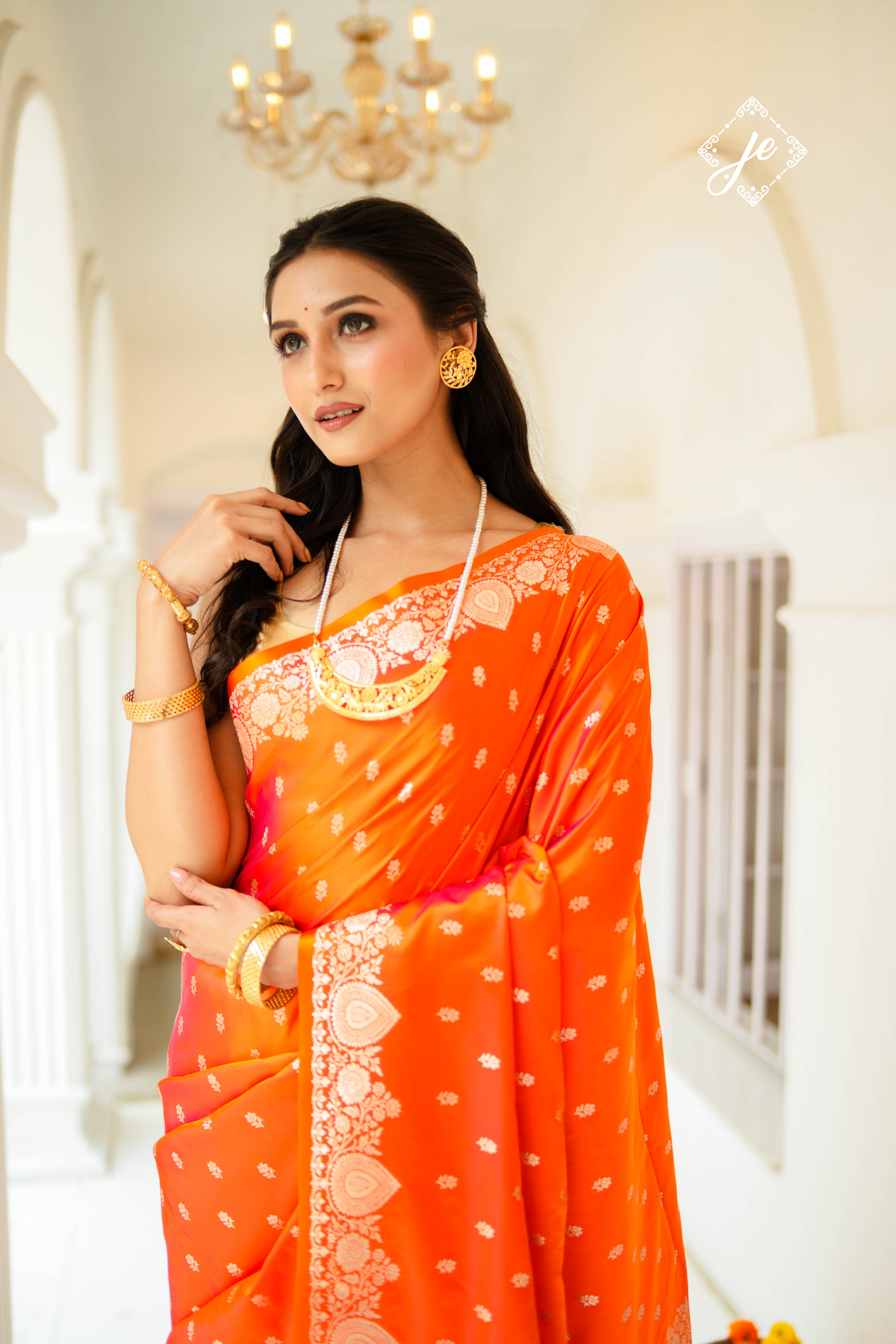 Sunset Orange Satin Silk Buti Banarasi Saree