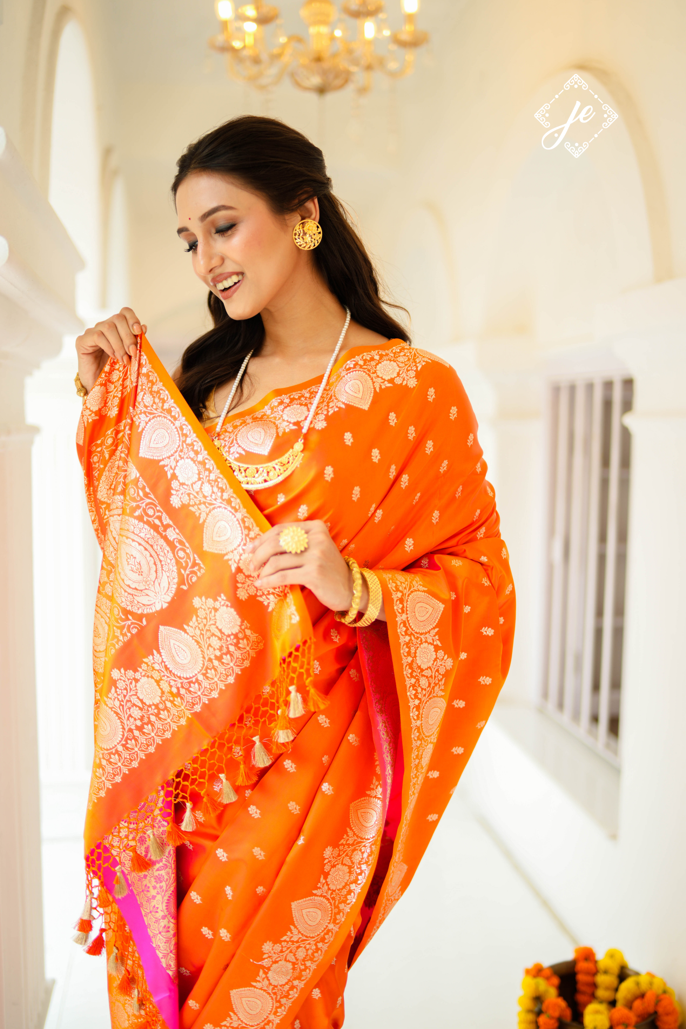 Sunset Orange Satin Silk Buti Banarasi Saree