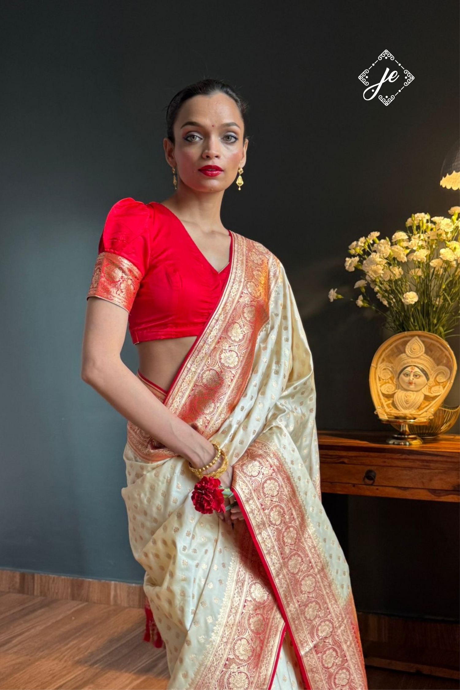 Off-White Satin Silk with Red Border Buti Banarasi Saree