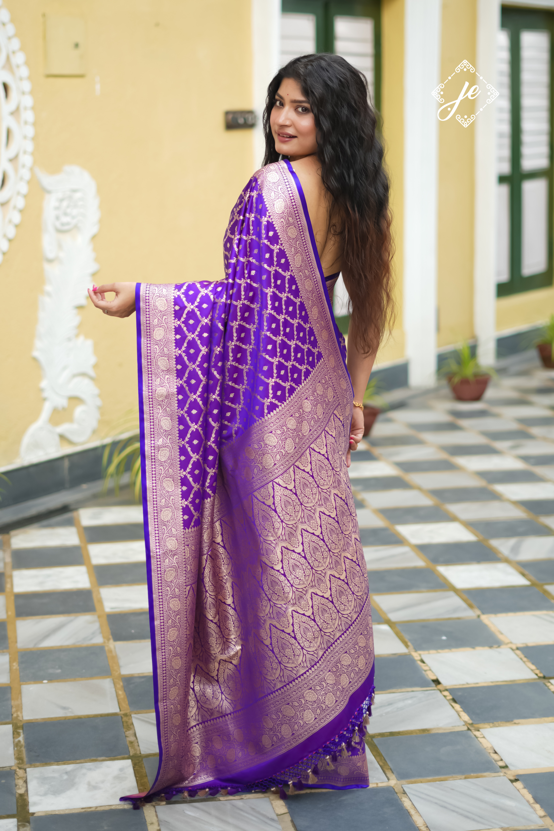 Purple Satin Silk Jaal Banarasi Saree
