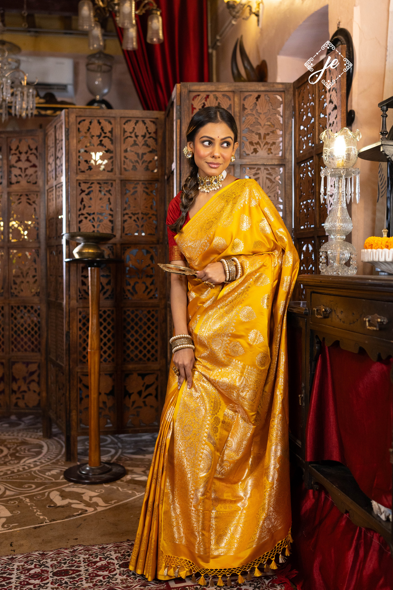 Mustard Yellow Satin Silk Banarasi Saree