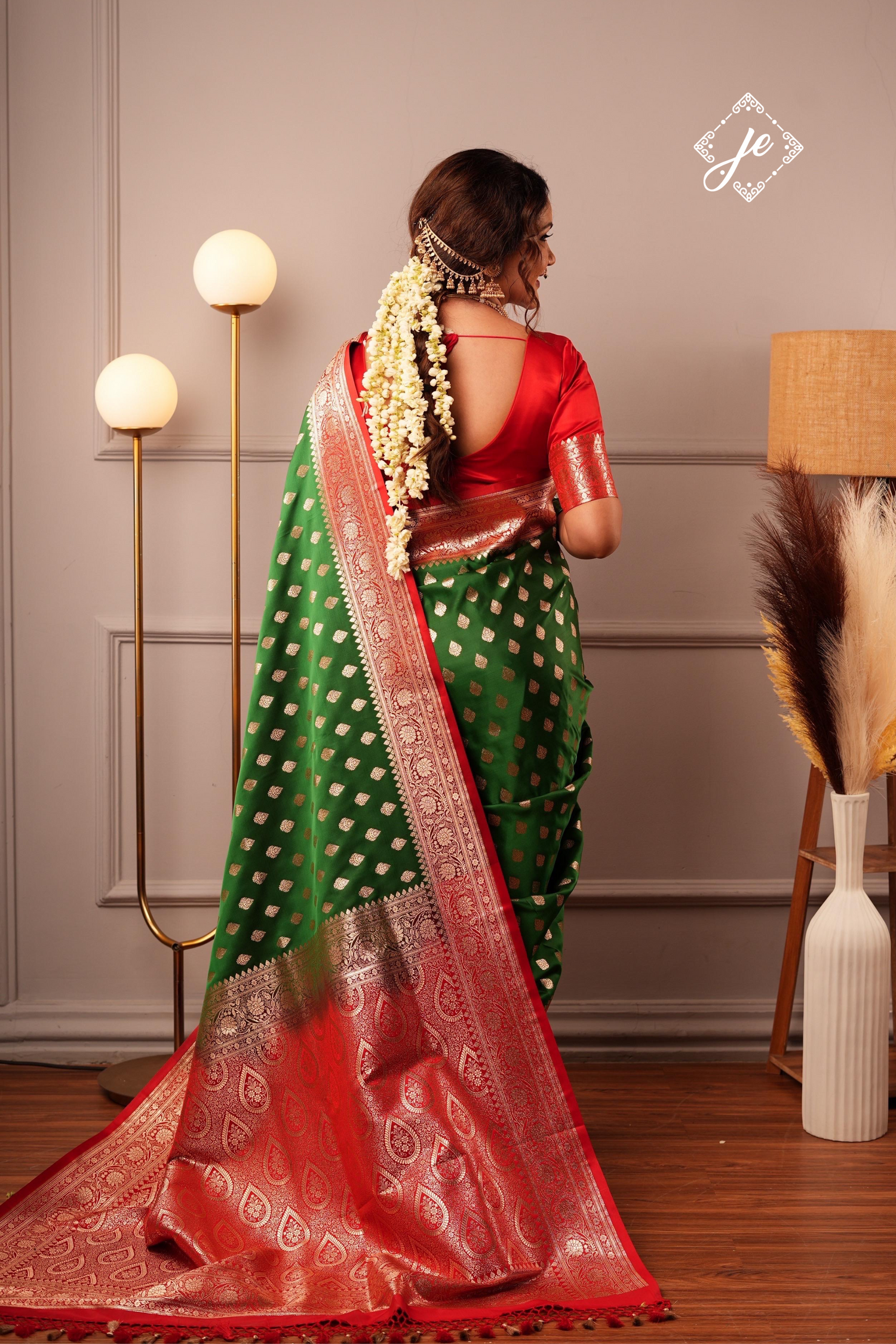 Bottle Green Satin Silk with Contrast Red Border Banarasi Saree