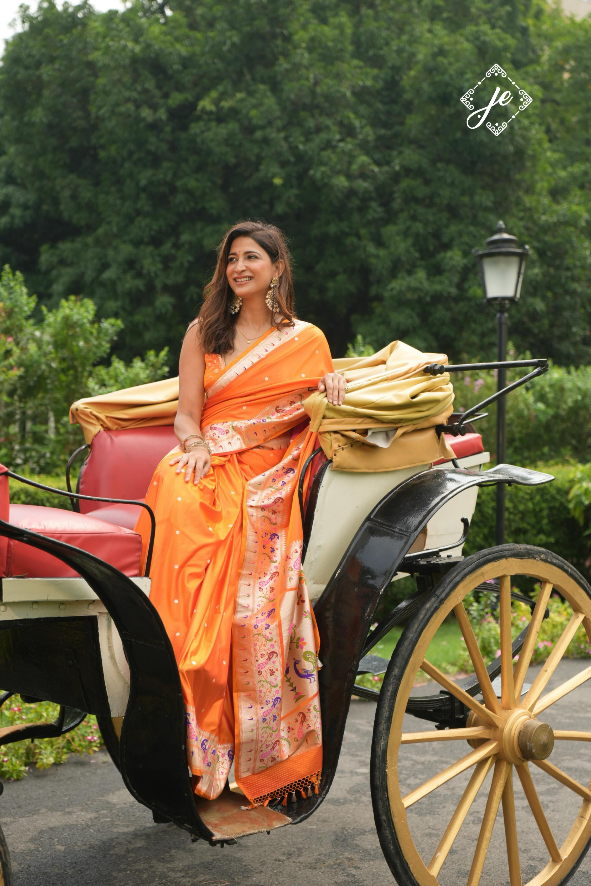 Orange Satin Silk Paithani Banarasi Saree