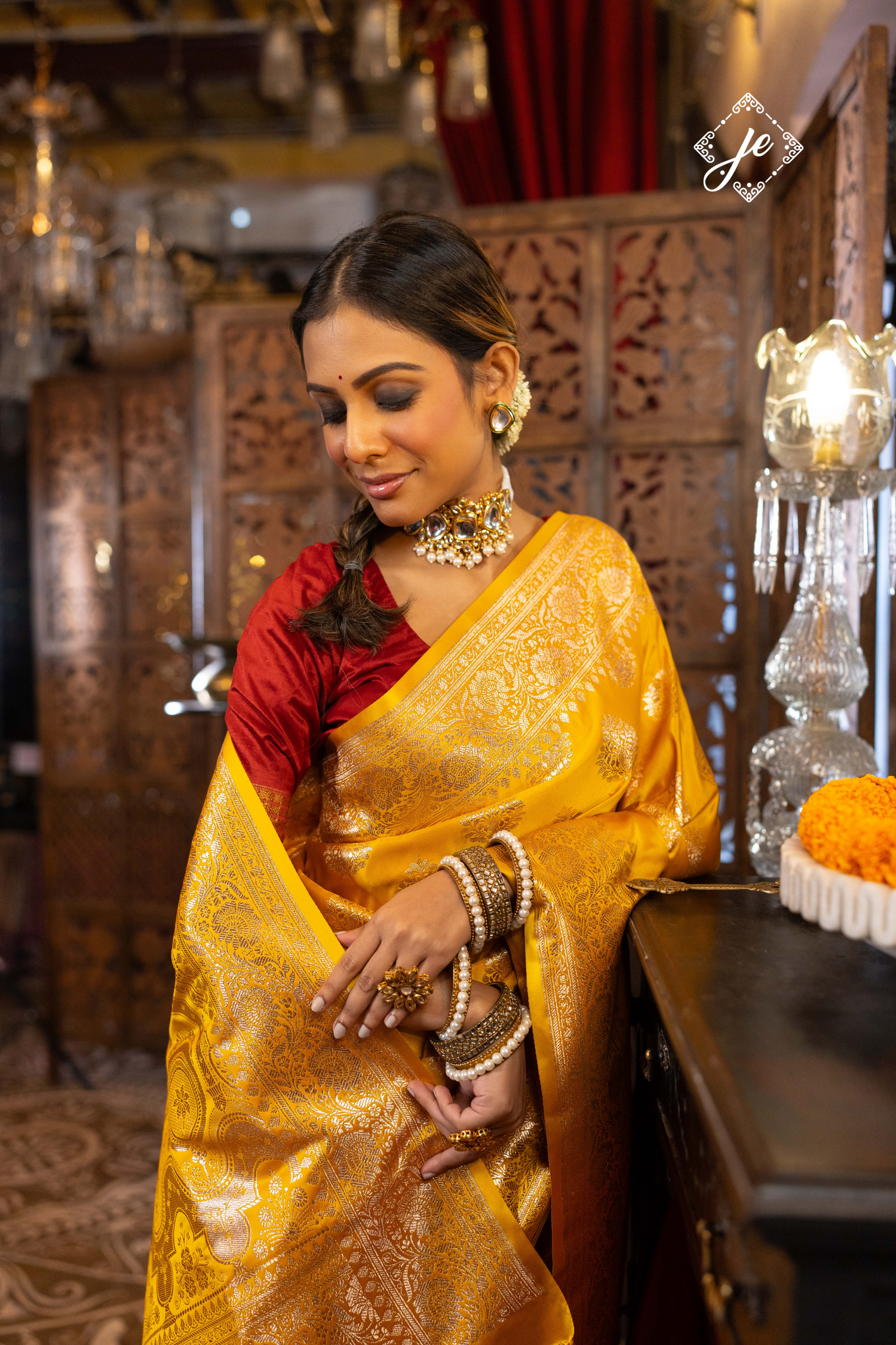 Mustard Yellow Satin Silk Banarasi Saree