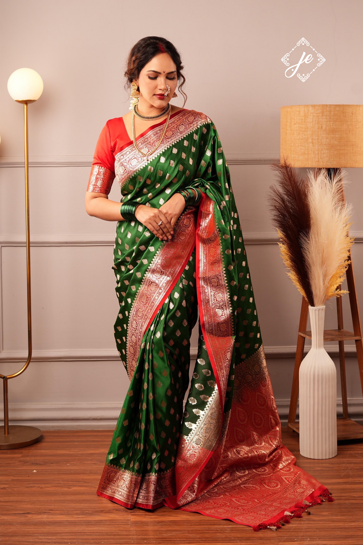 Bottle Green Satin Silk with Contrast Red Border Banarasi Saree