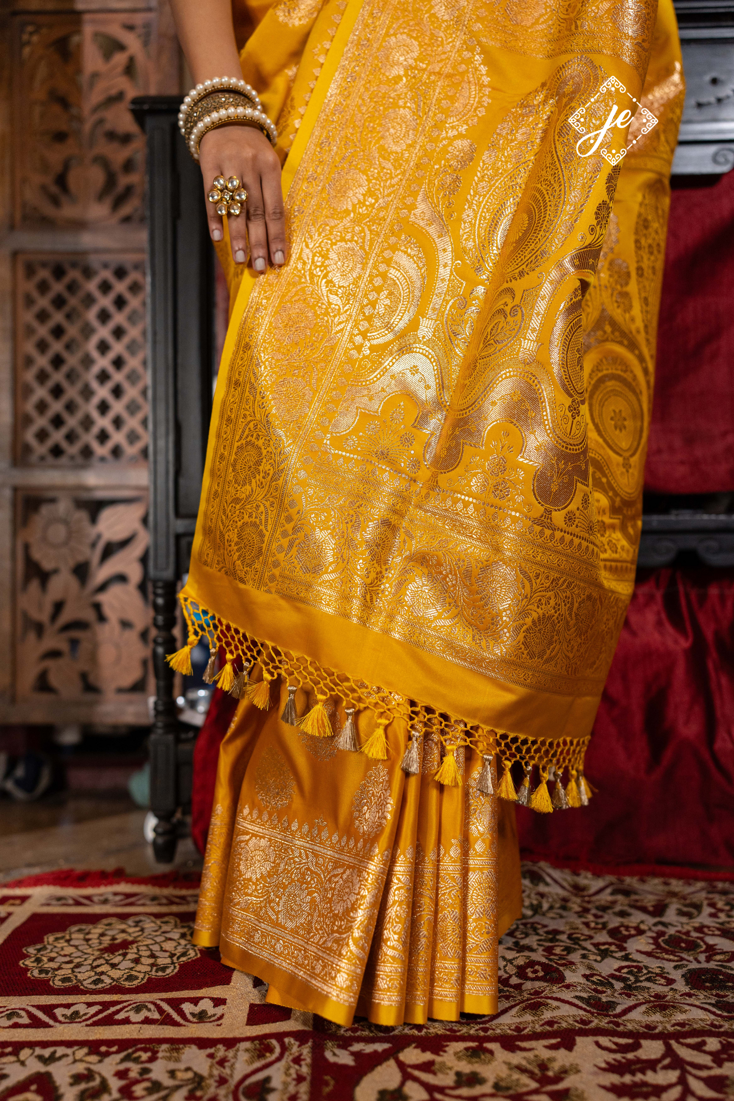 Mustard Yellow Satin Silk Banarasi Saree