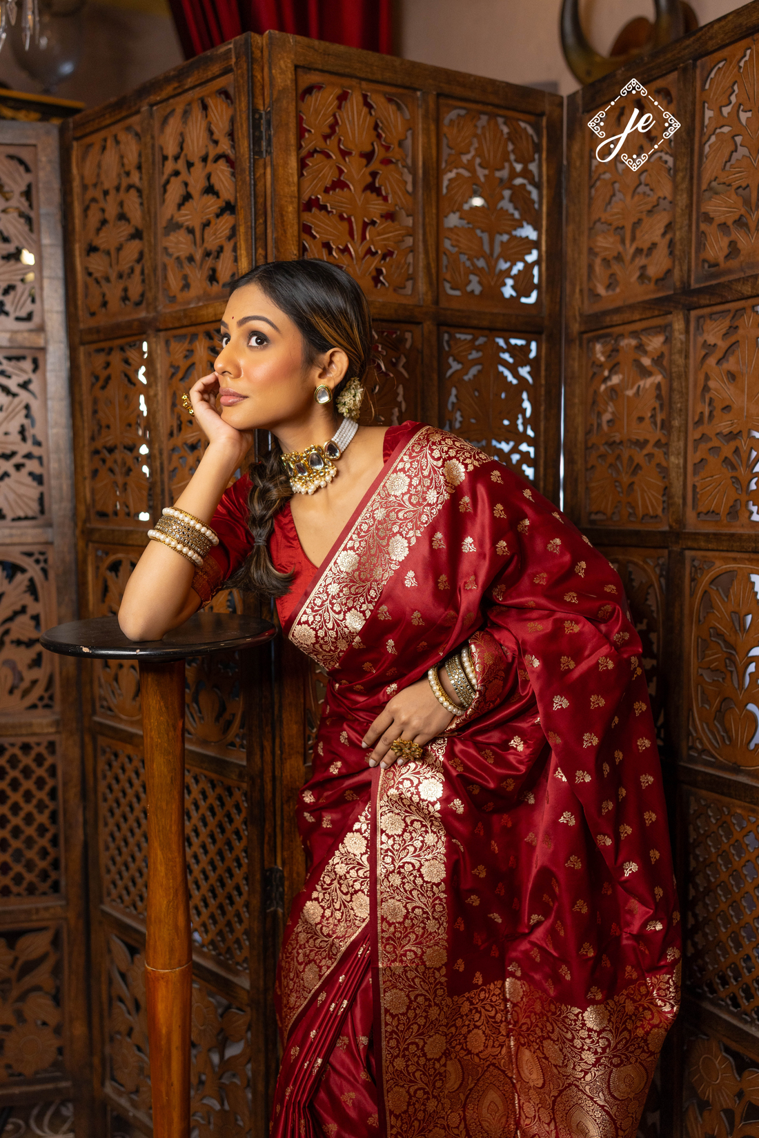 Maroon Open Border Satin Silk Buti Banarasi Saree