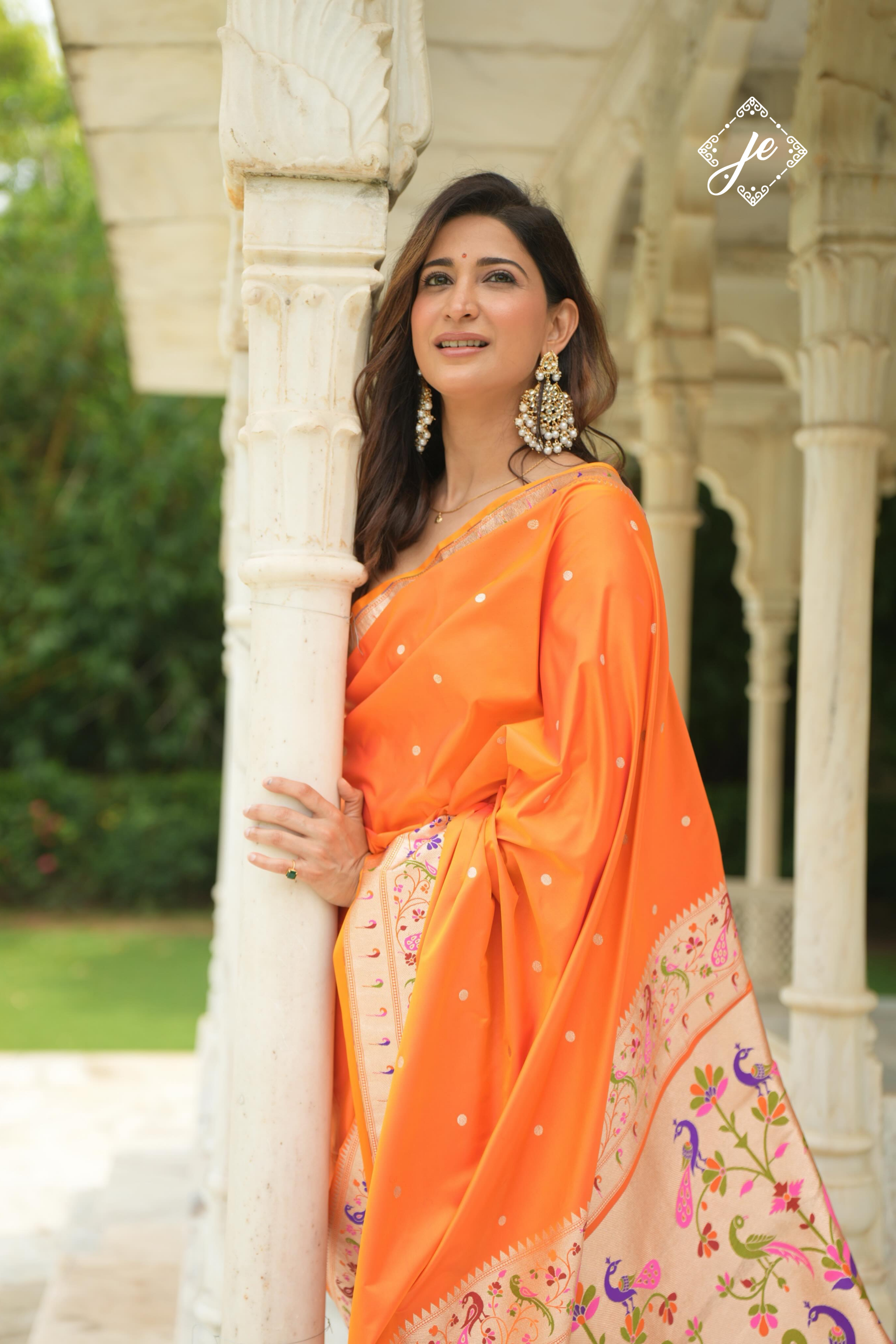 Orange Satin Silk Paithani Banarasi Saree