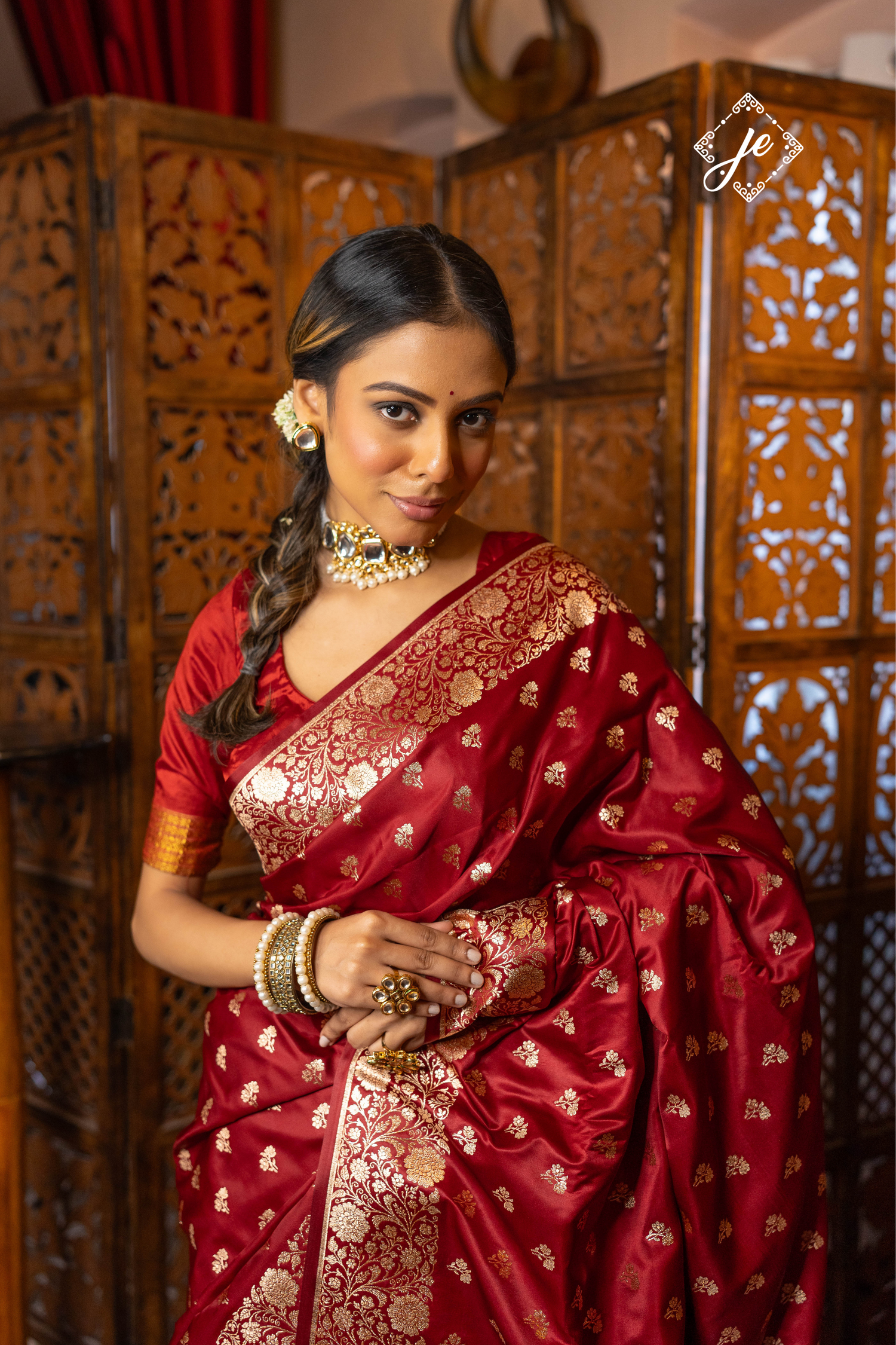 Maroon Open Border Satin Silk Buti Banarasi Saree