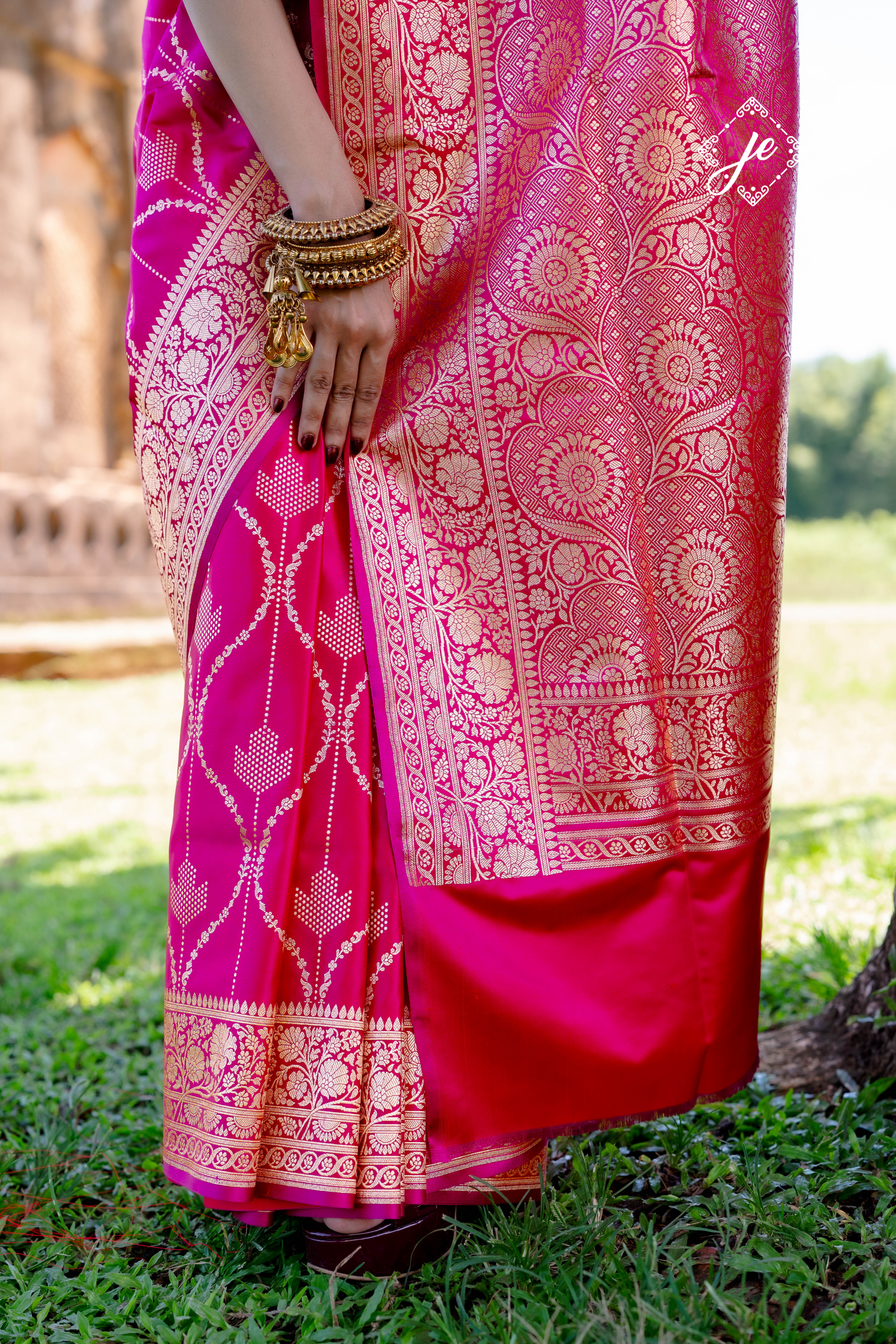 Rani Pink Satin Silk Jaal Striped Banarasi Saree