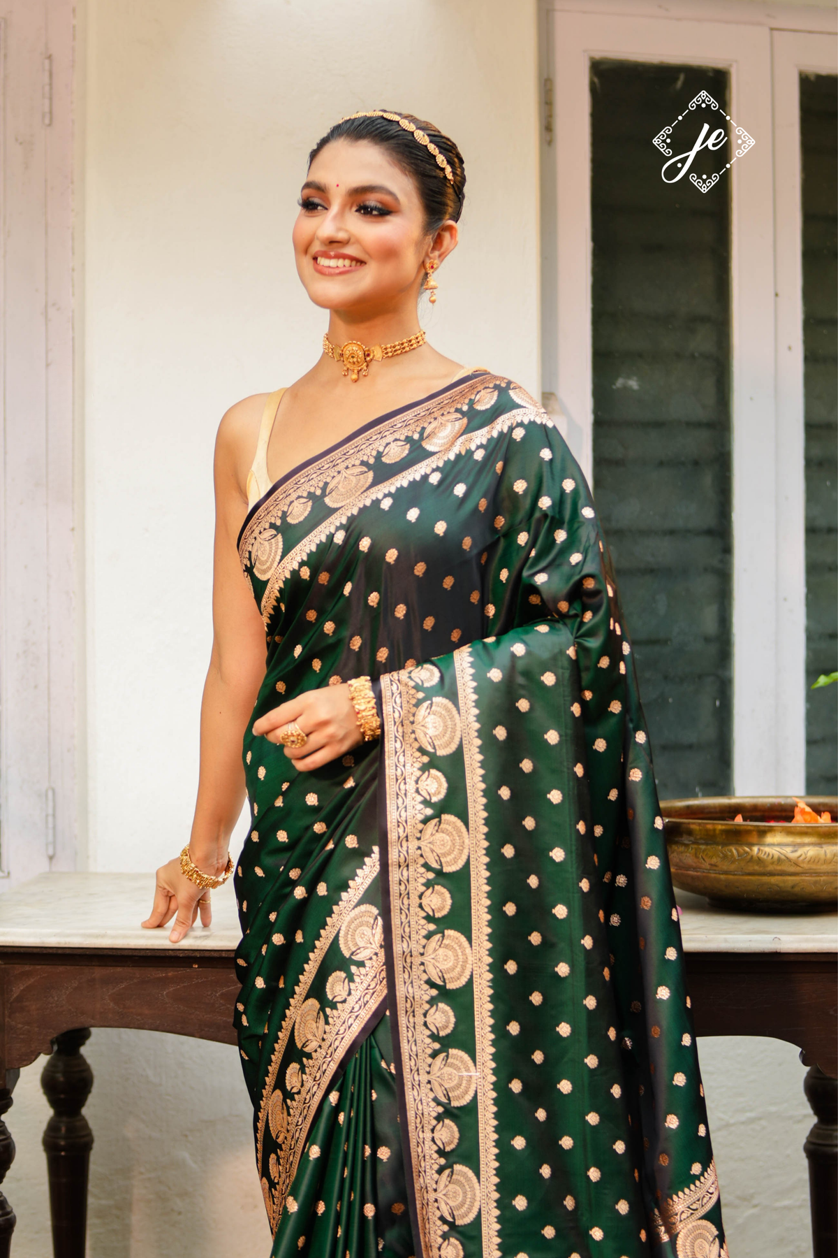 Dual Tone Green-Black Satin Silk Banarasi Saree