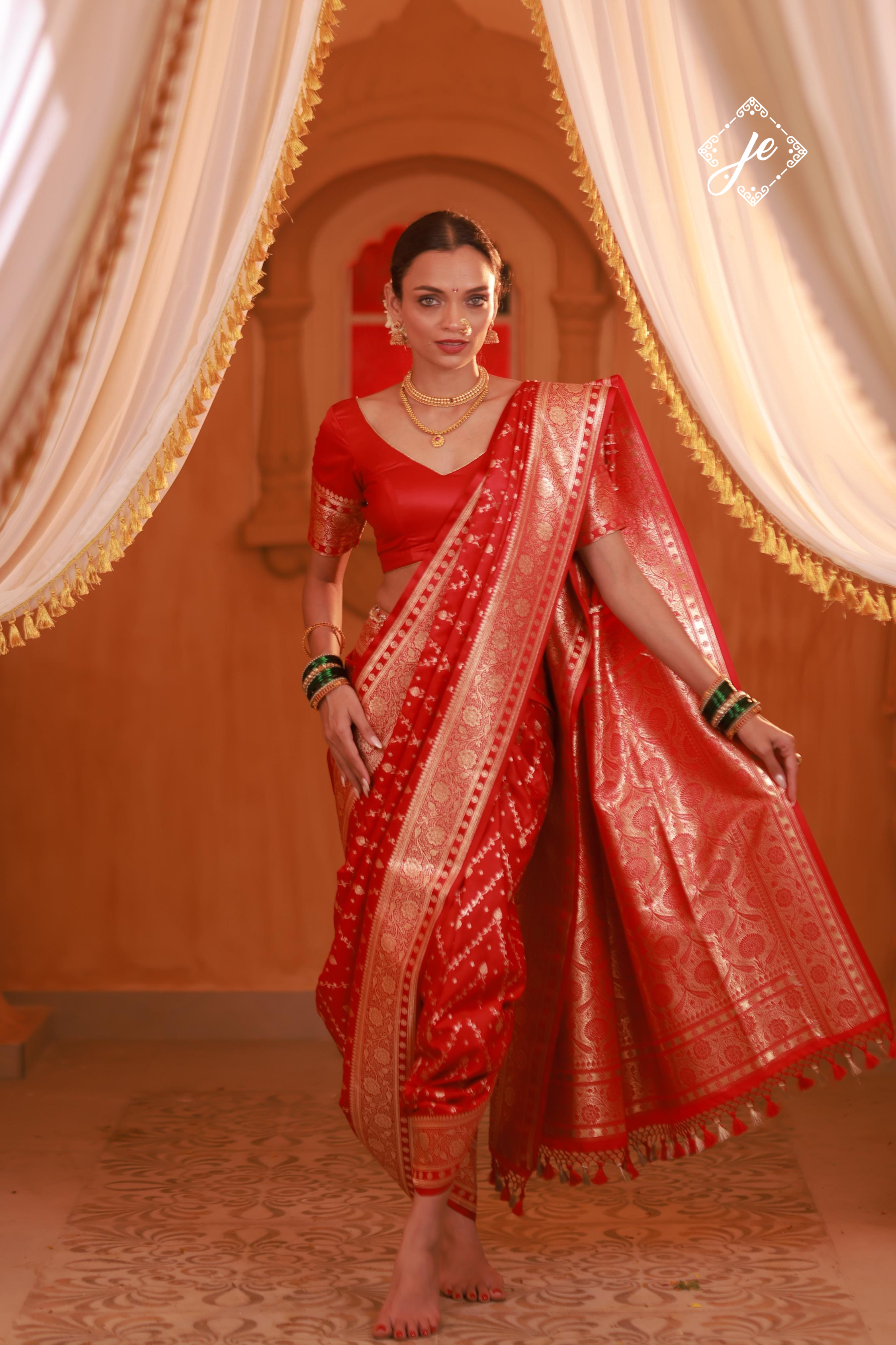 Red Satin Silk Chevron Banarasi Saree