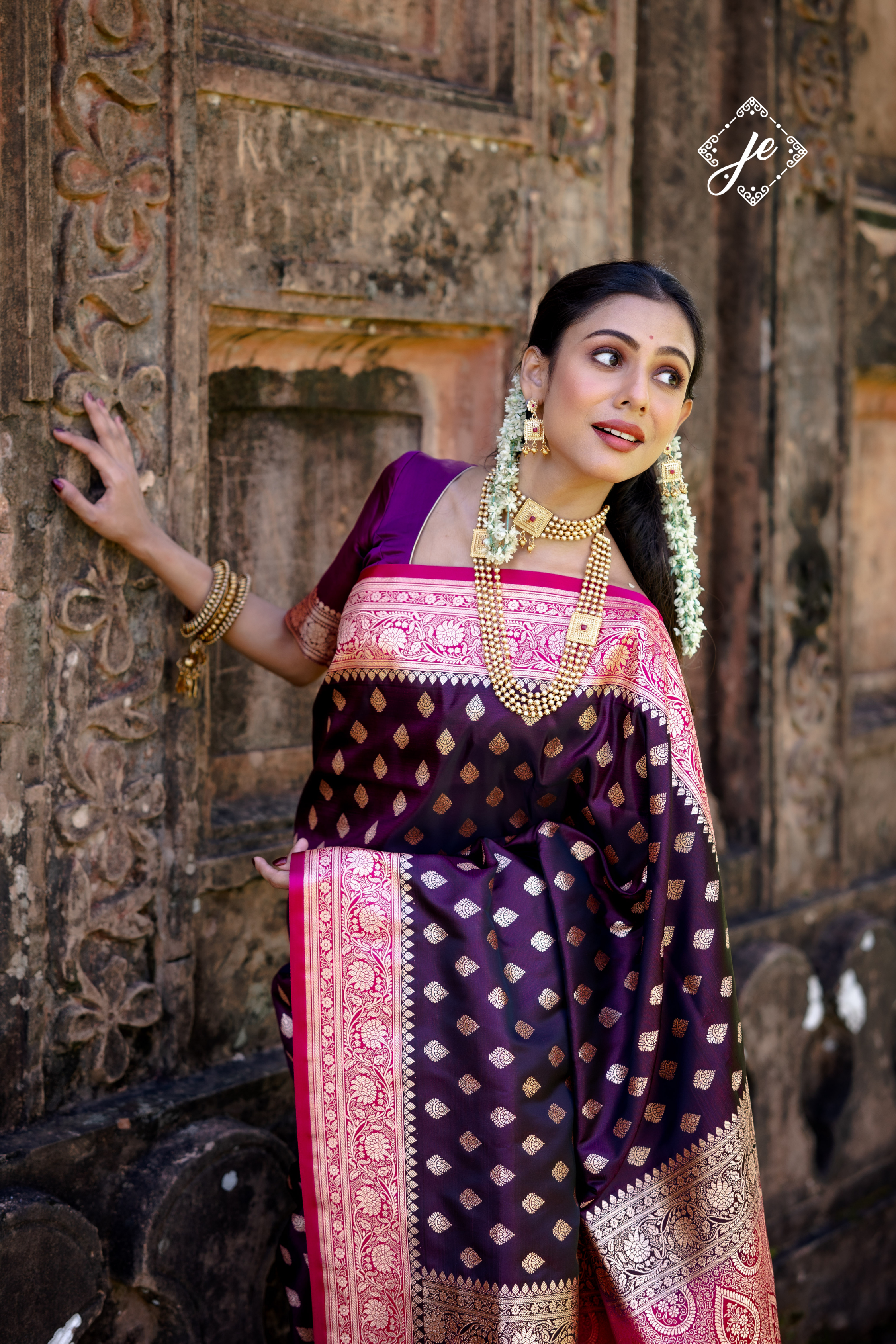 Purple Satin Silk with Rani Pink Border Banarasi Saree