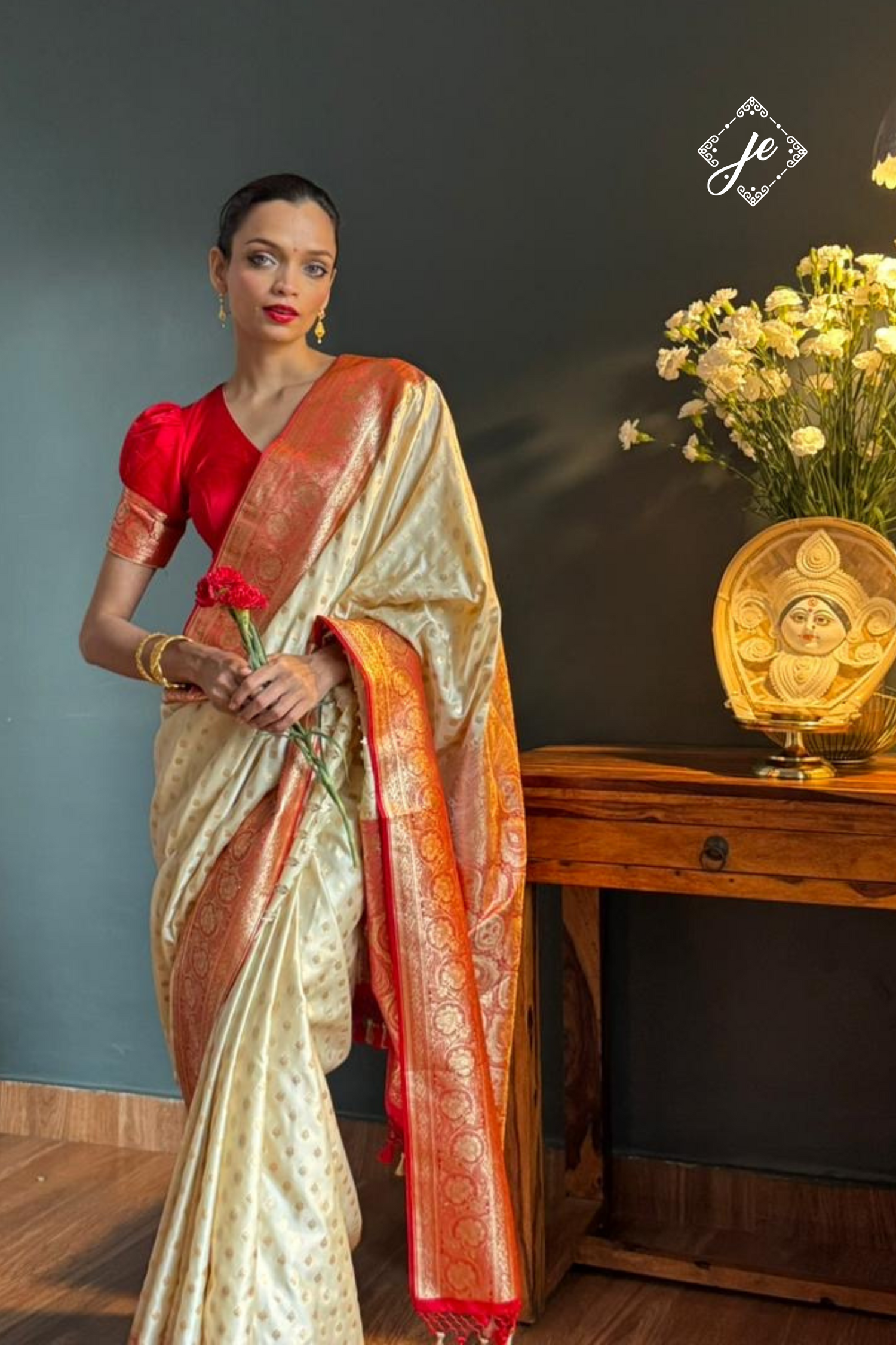 Off-White Satin Silk with Red Border Buti Banarasi Saree