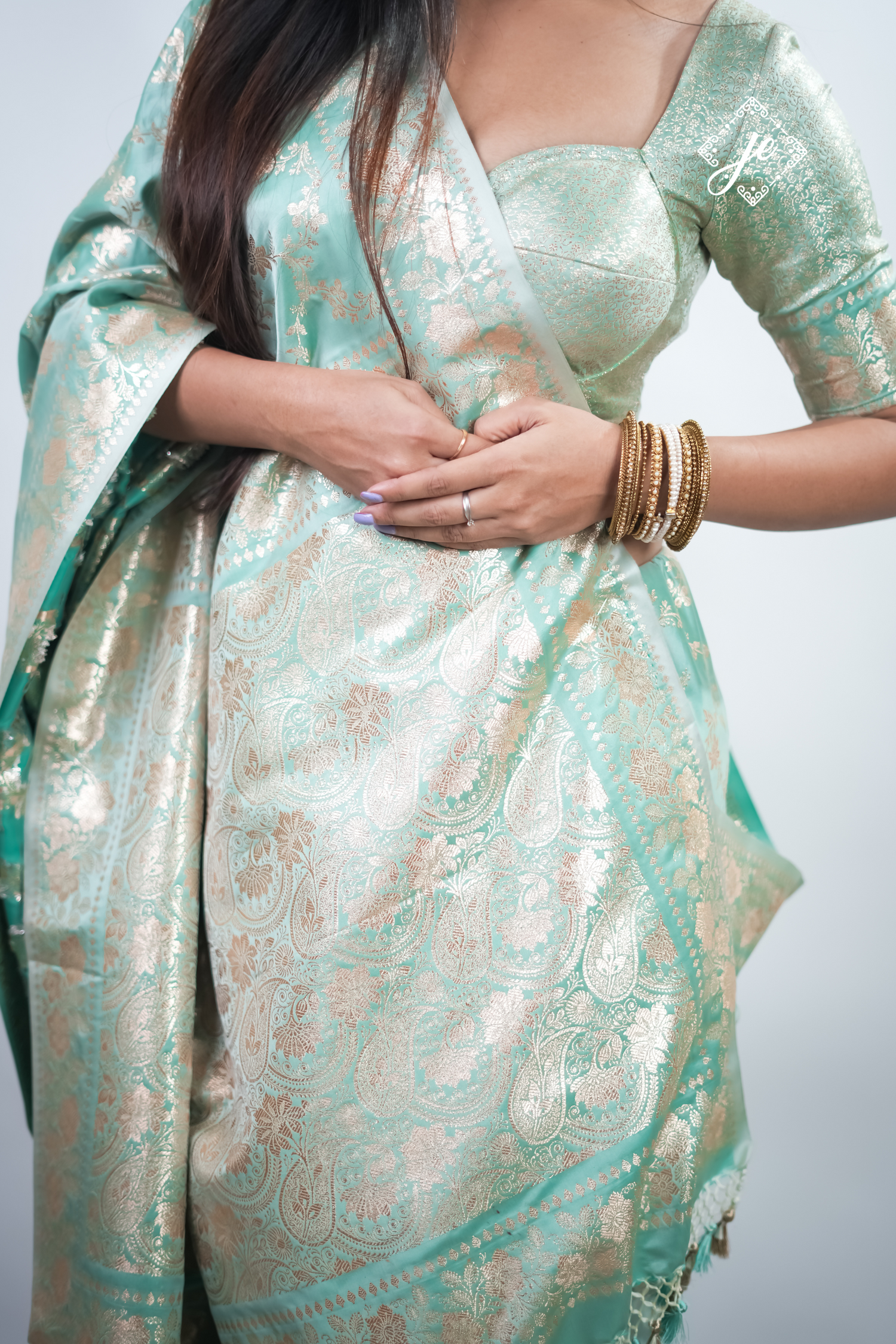 Light Blue Satin Silk Jaal Banarasi Saree
