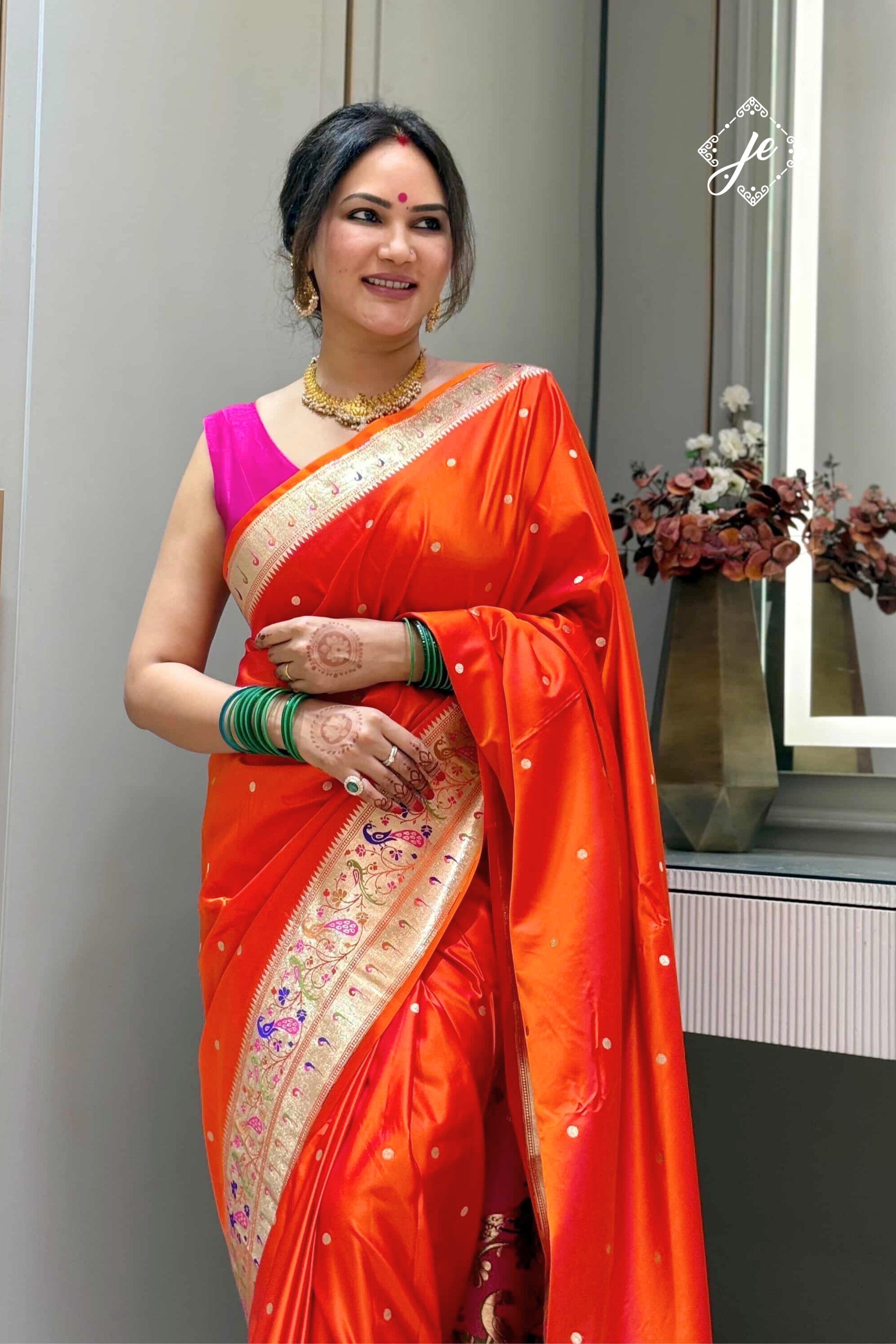 Orange Satin Silk Paithani Banarasi Saree