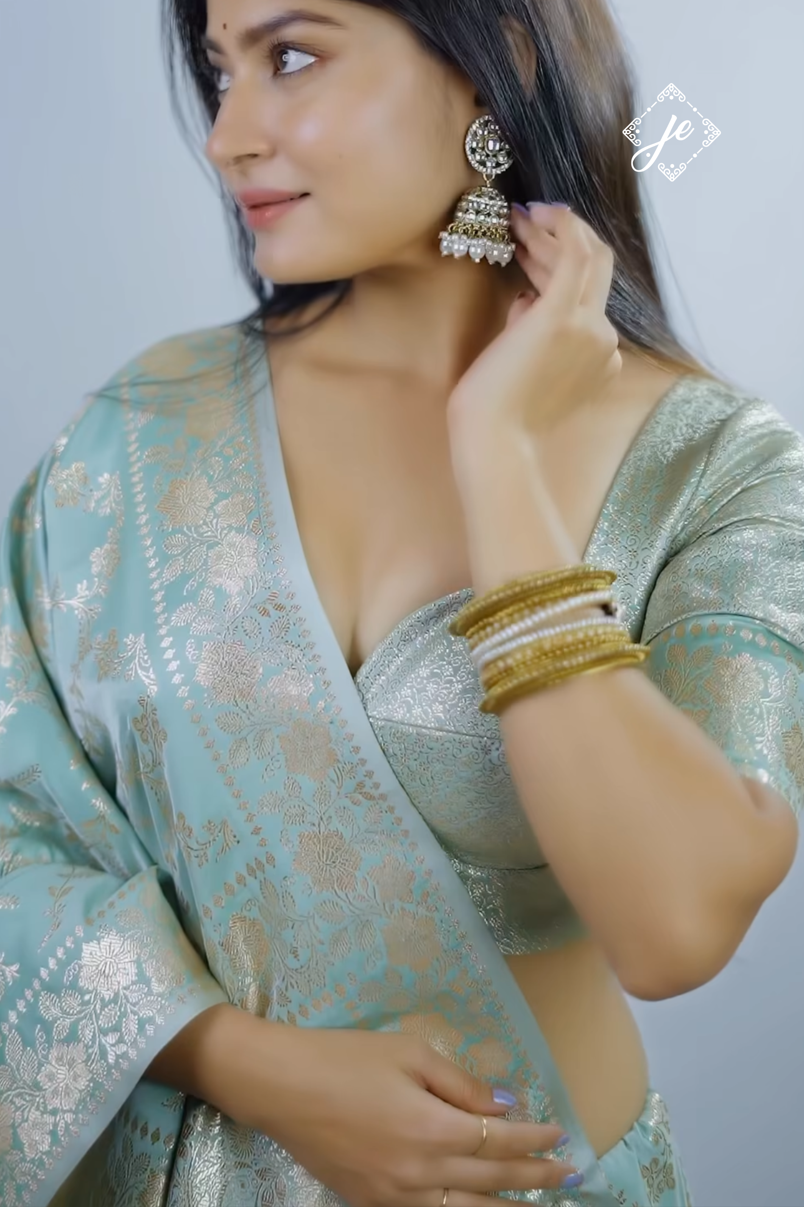 Light Blue Satin Silk Jaal Banarasi Saree