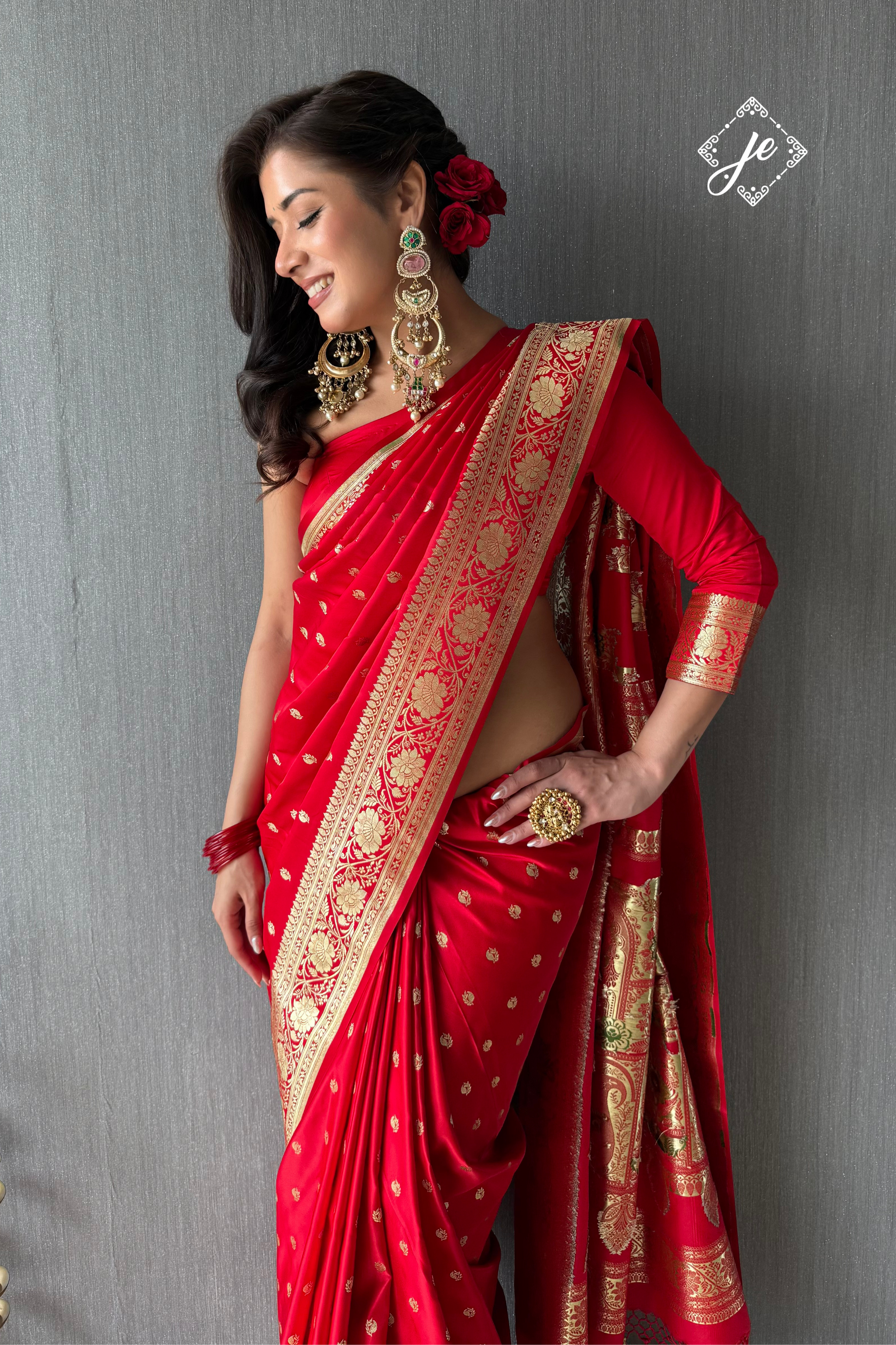 Red Satin Silk Buti Leheriya Mix Meenakari Banarasi Saree