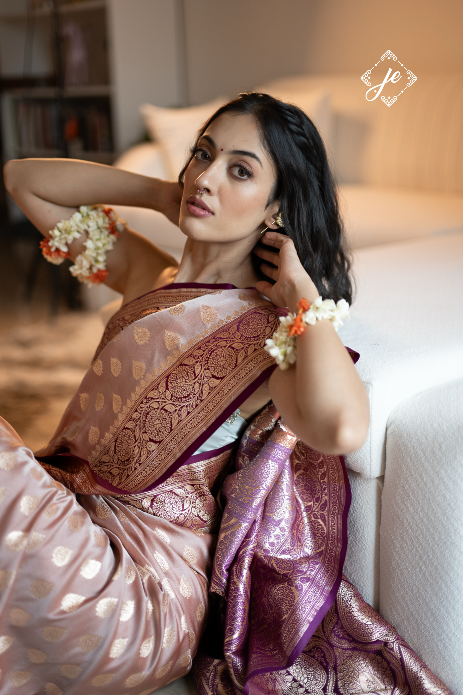Dusty Pink Satin Silk with Purple Border Banarasi Saree