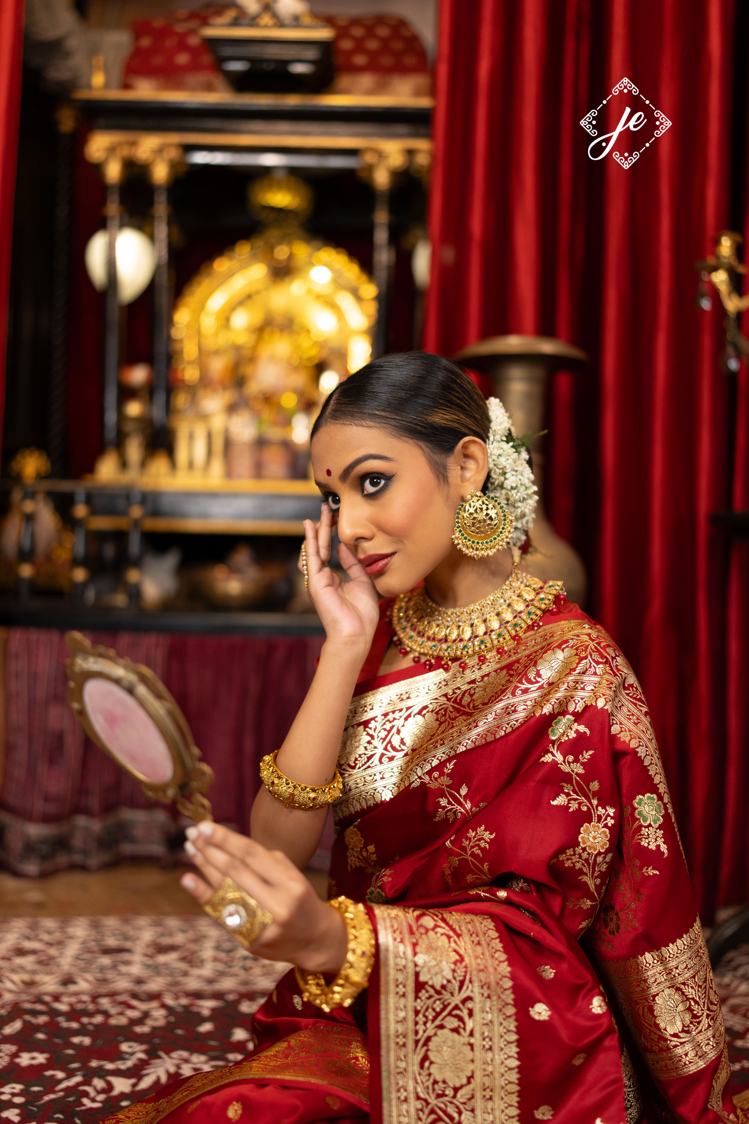Rose Red Satin Silk Buti Leheriya Mix Meenakari Banarasi Saree