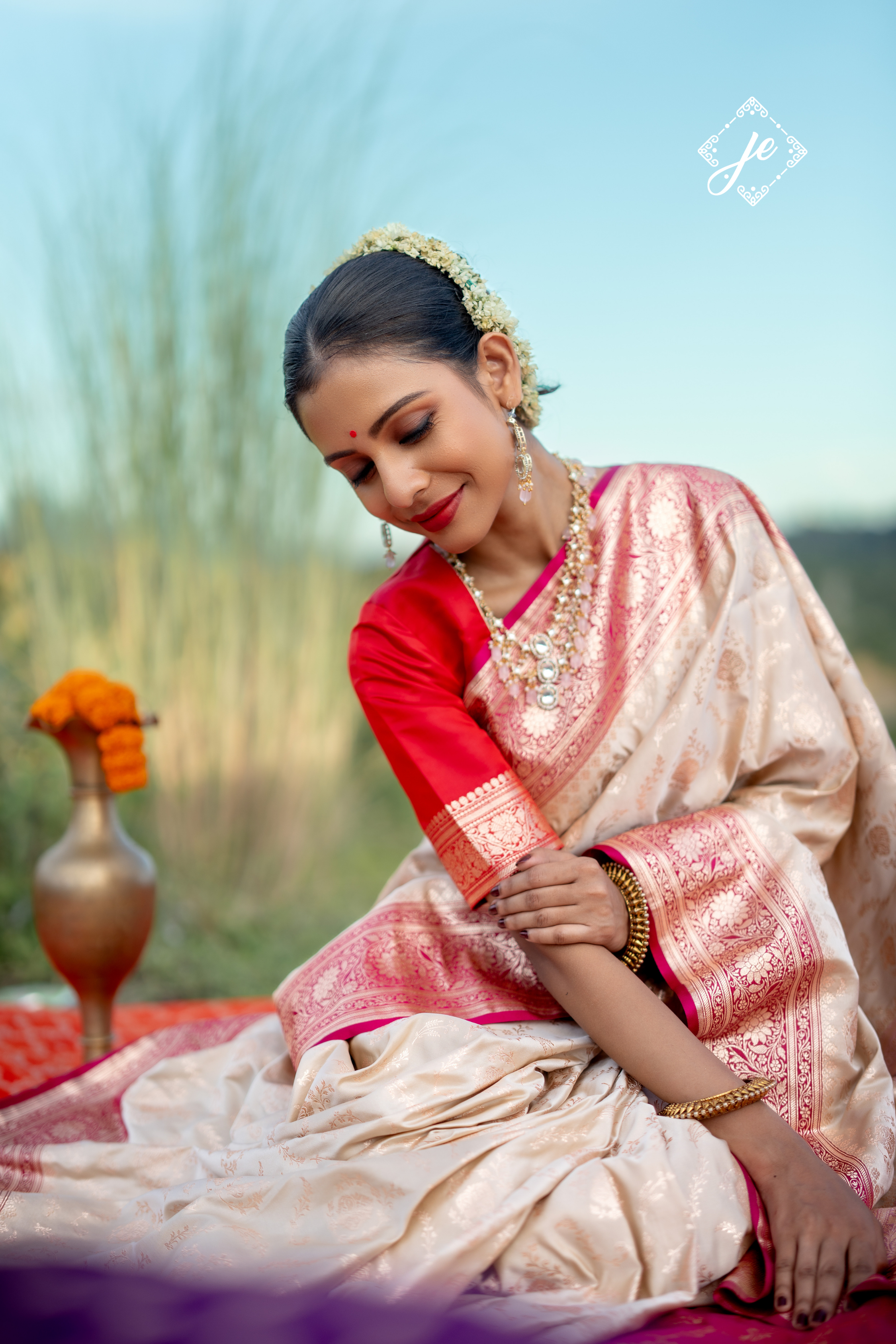 Beige with Rani Pink Border Satin Silk Jaal Banarasi Saree