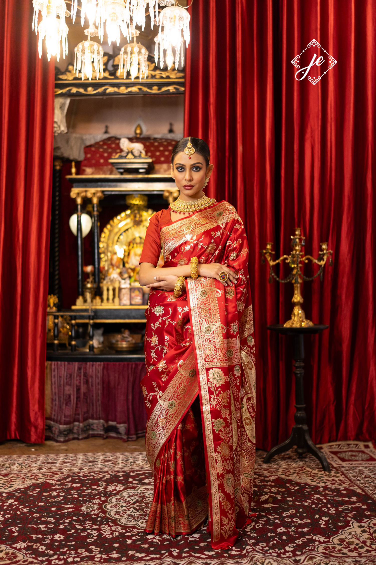 Red Satin Silk Meenakari Jaal Banarasi Saree