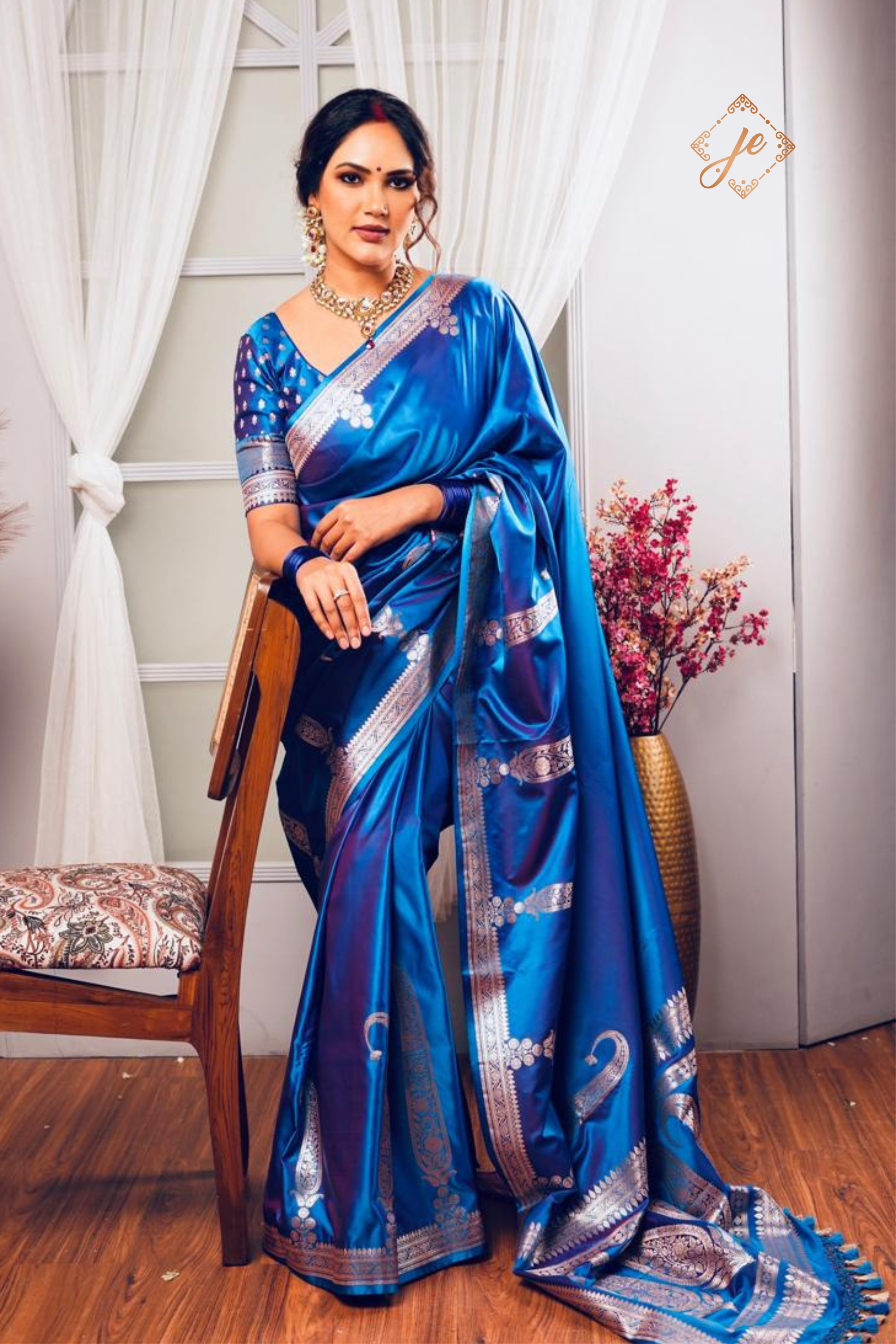 Blue Satin Silk Banarasi Saree