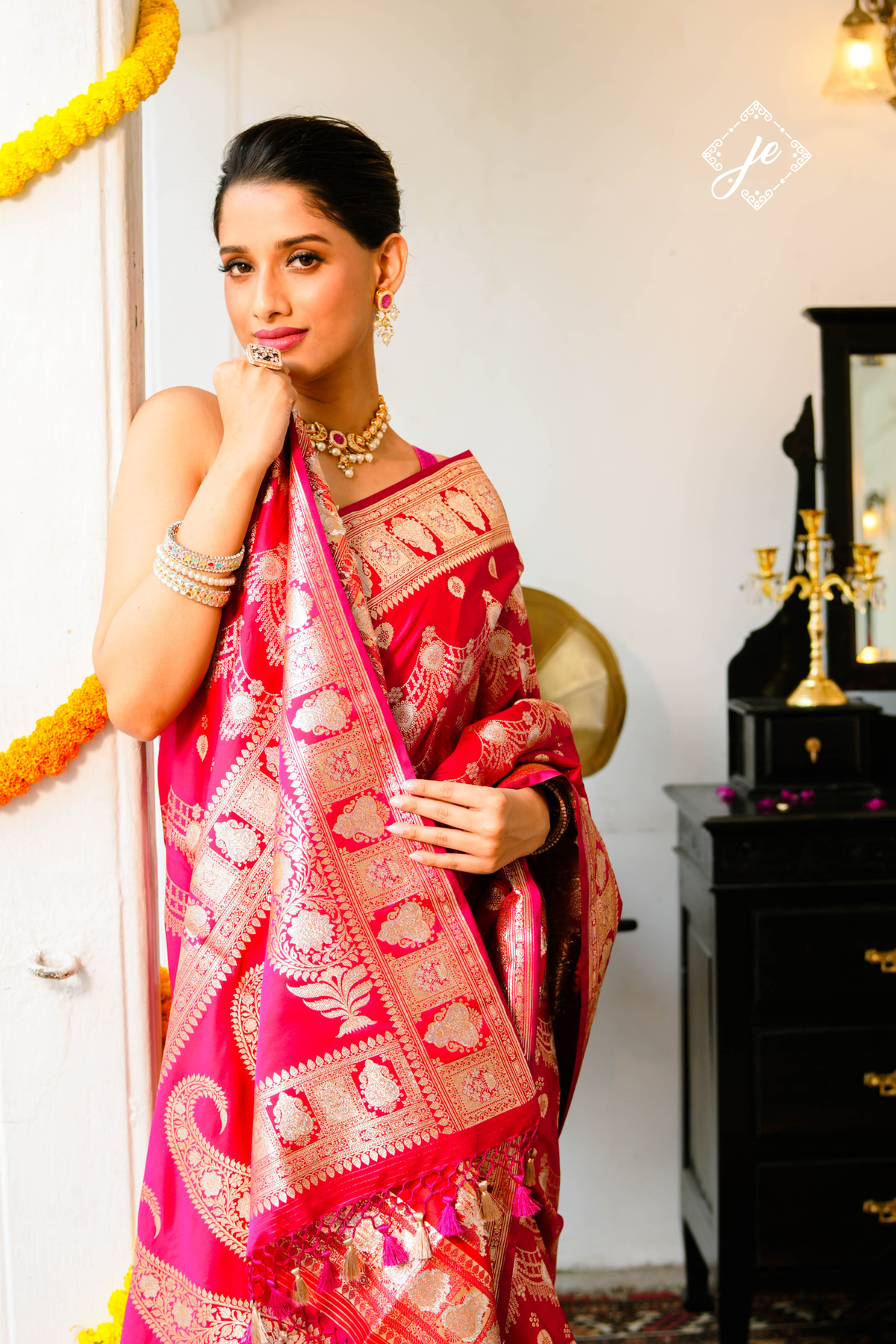 Rani Pink Satin Silk Jaal Banarasi Saree