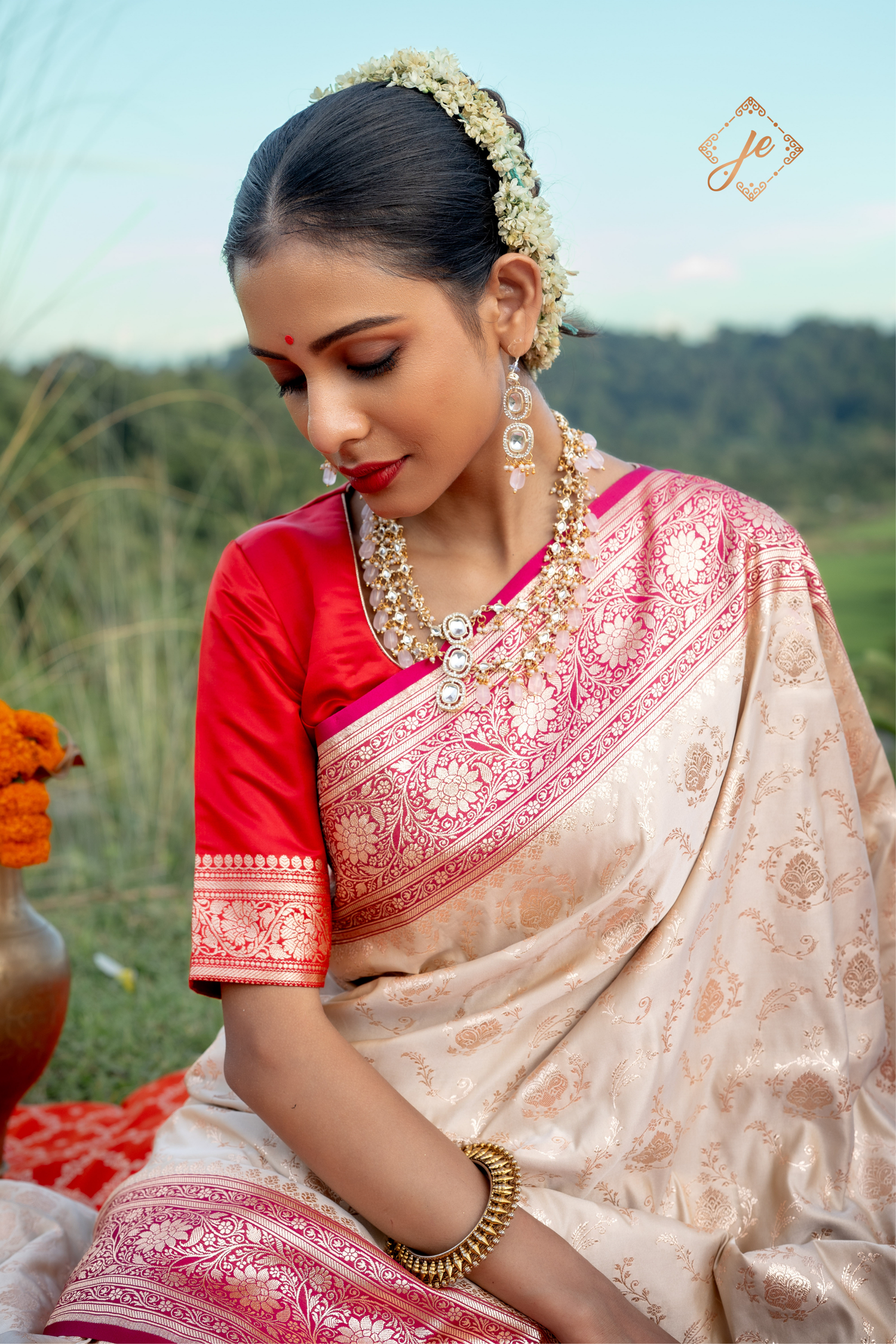 Beige with Rani Pink Border Satin Silk Jaal Banarasi Saree