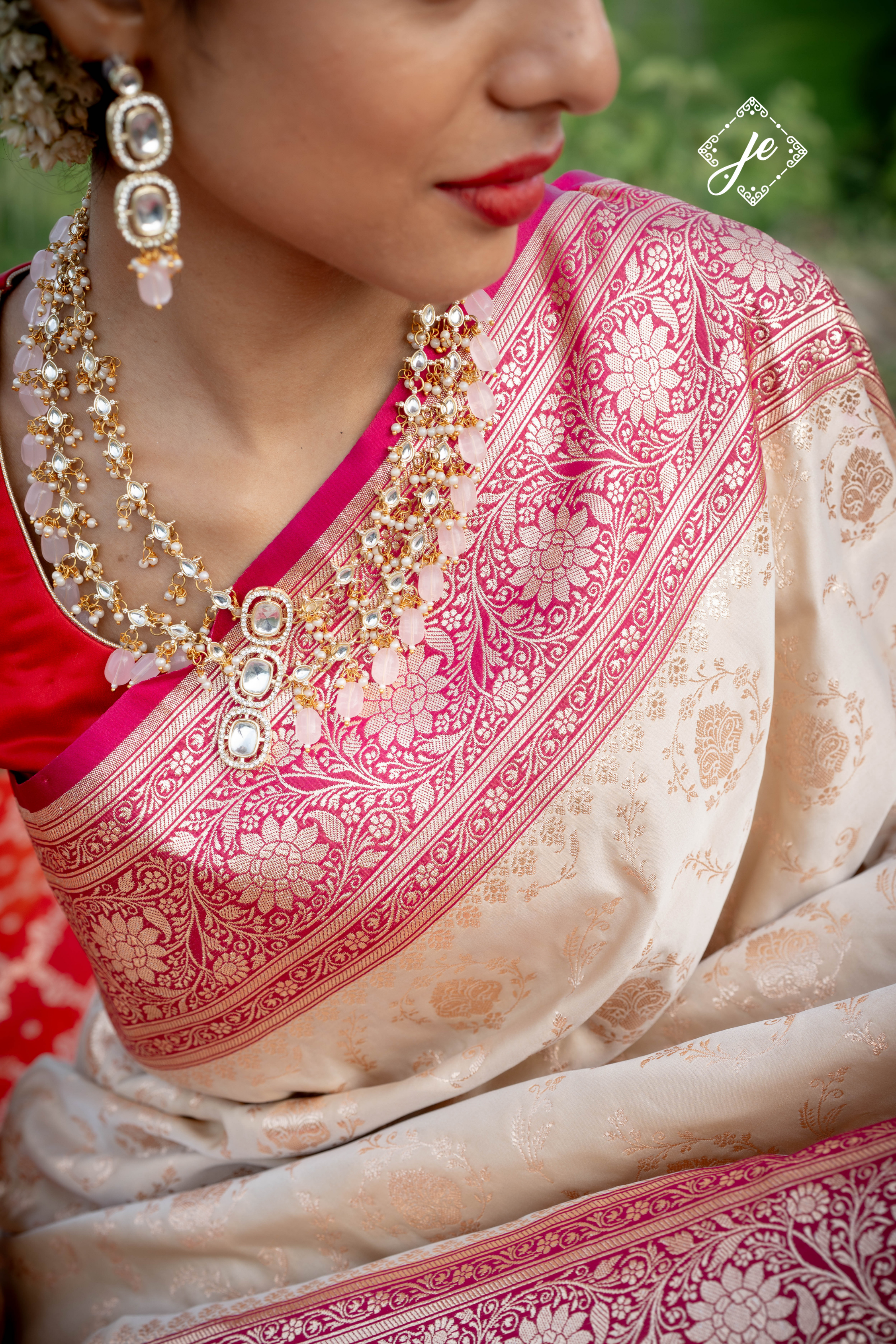 Beige with Rani Pink Border Satin Silk Jaal Banarasi Saree
