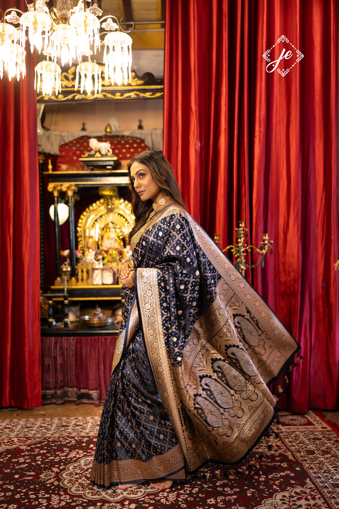 Navy Blue Satin Silk Jaal Banarasi Saree