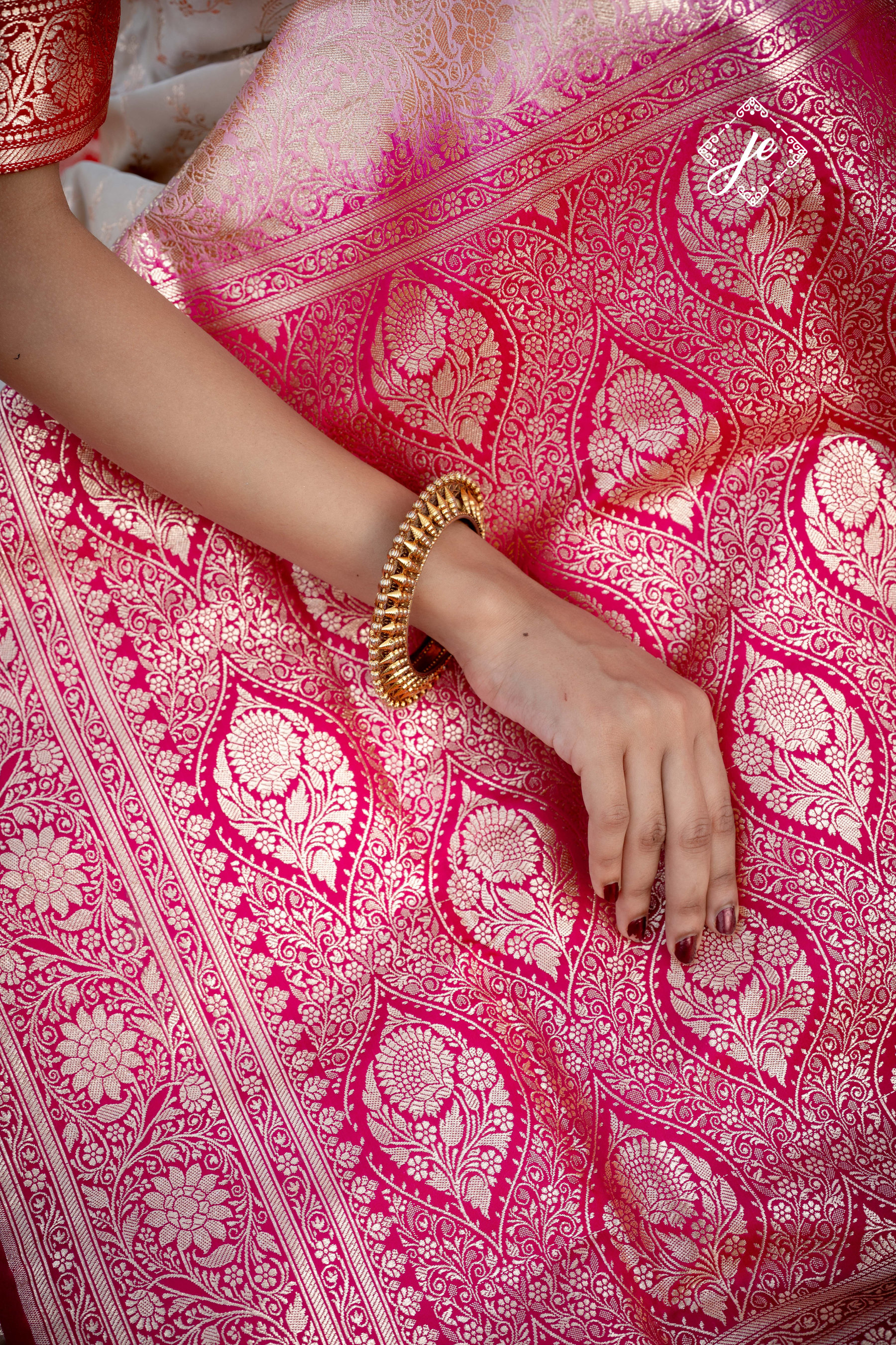 Beige with Rani Pink Border Satin Silk Jaal Banarasi Saree