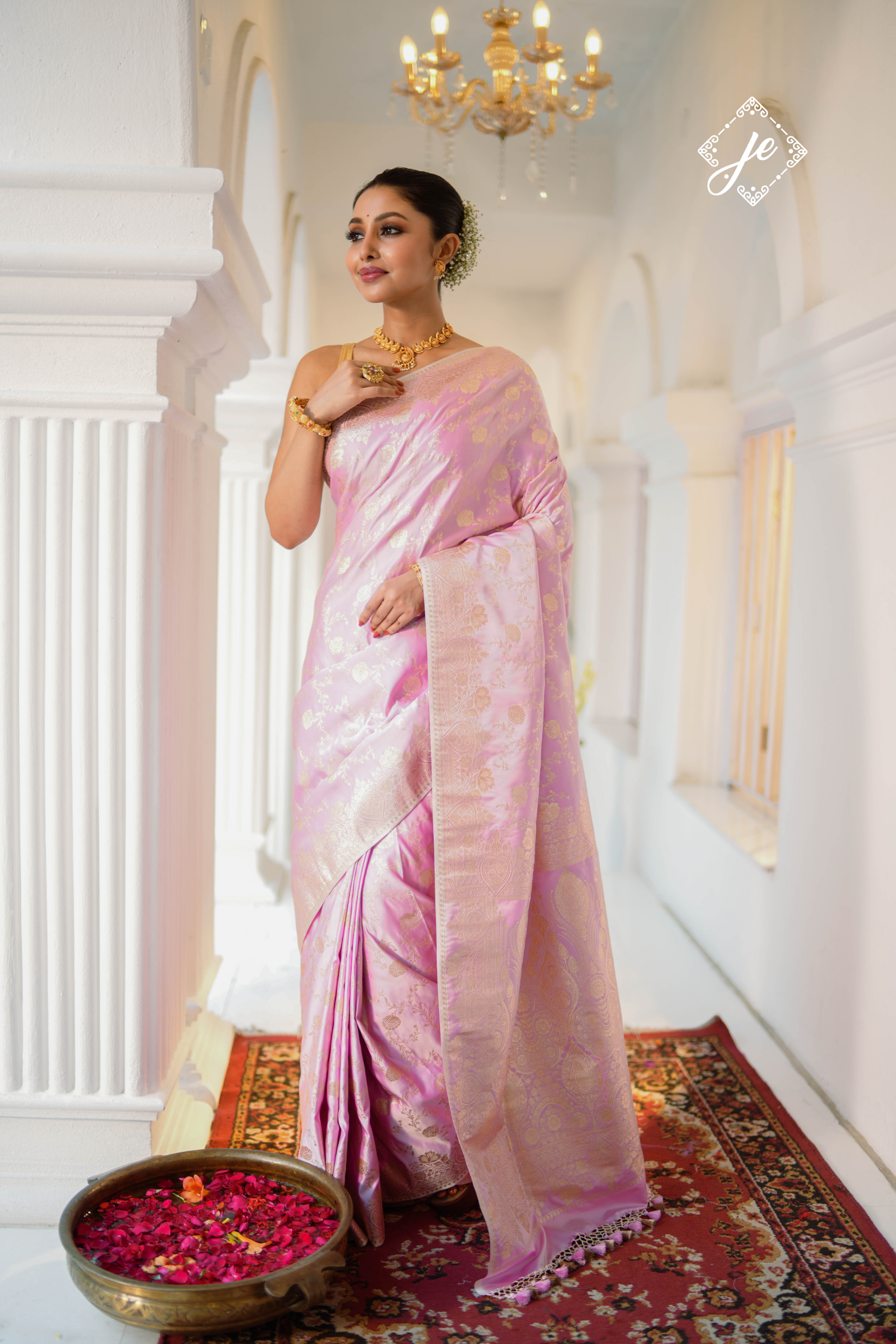 Pastel Pink Satin Silk Banarasi Saree