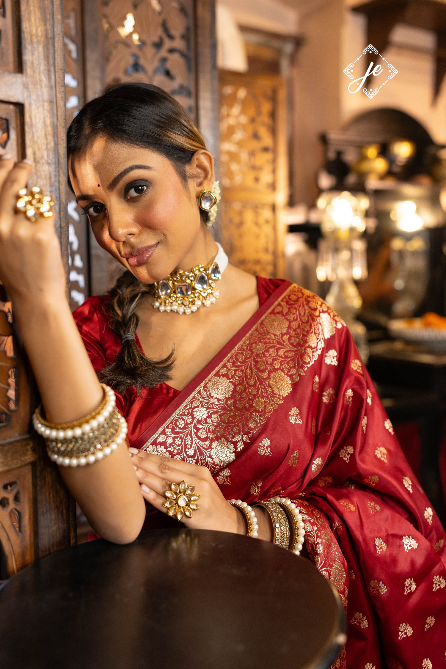 Maroon Open Border Satin Silk Buti Banarasi Saree