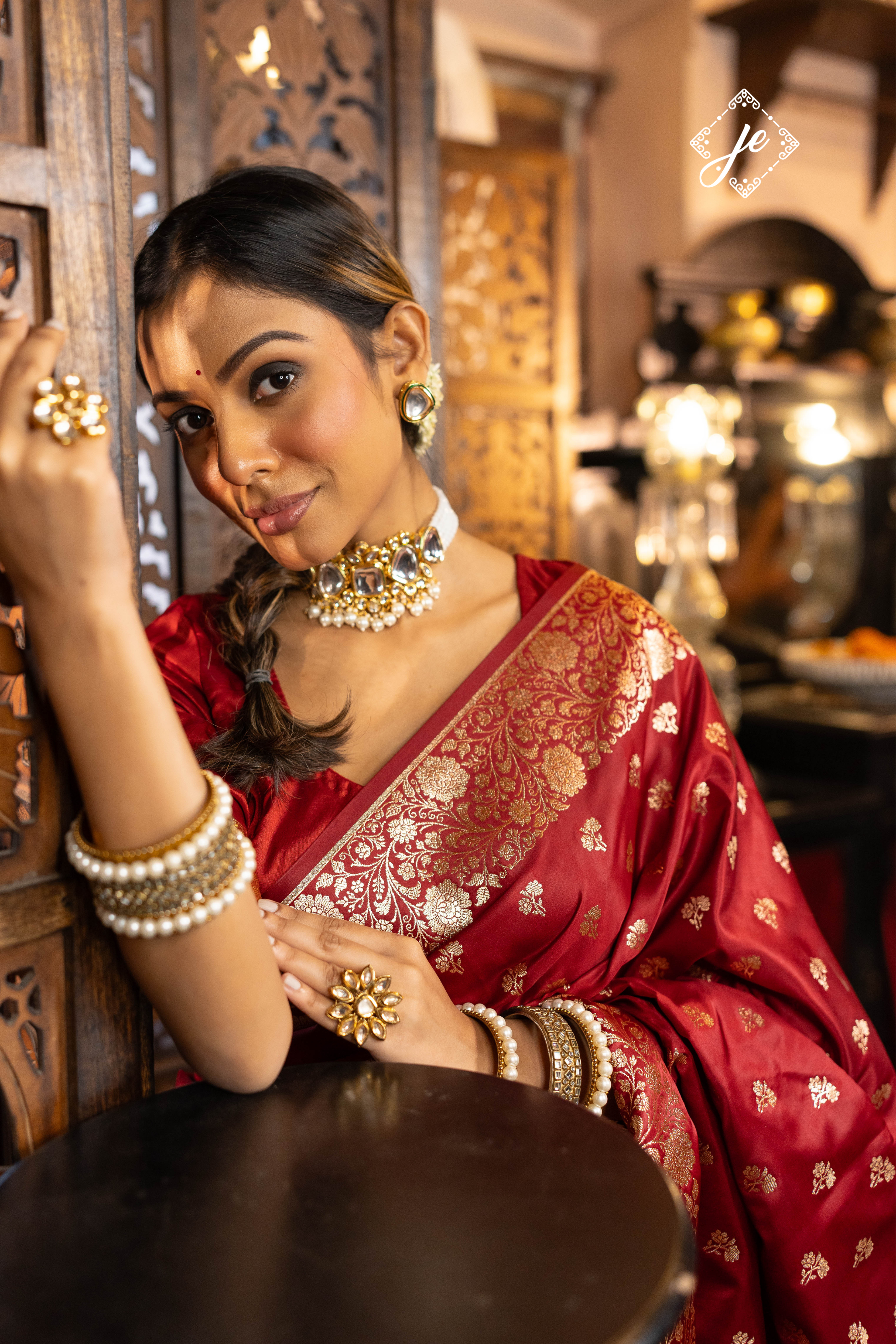 Maroon Open Border Satin Silk Buti Banarasi Saree