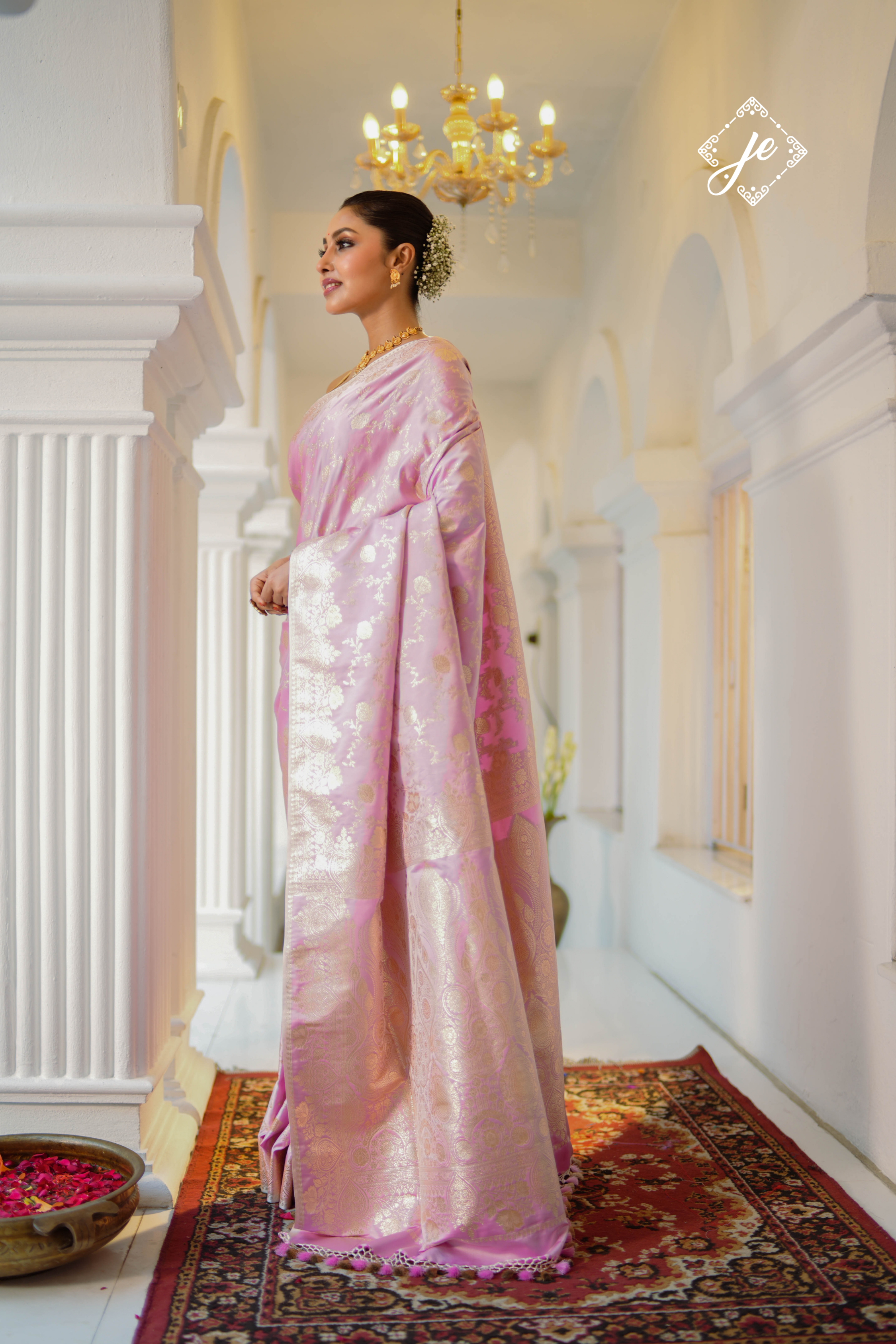 Pastel Pink Satin Silk Banarasi Saree