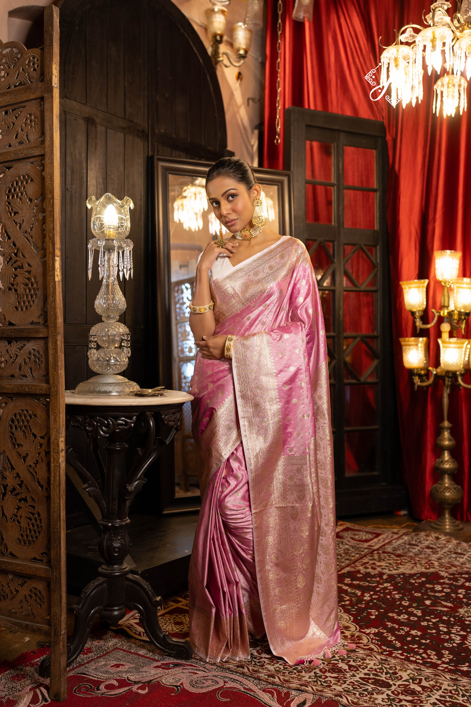 Rose Pink Satin Silk Buti Banarasi Saree