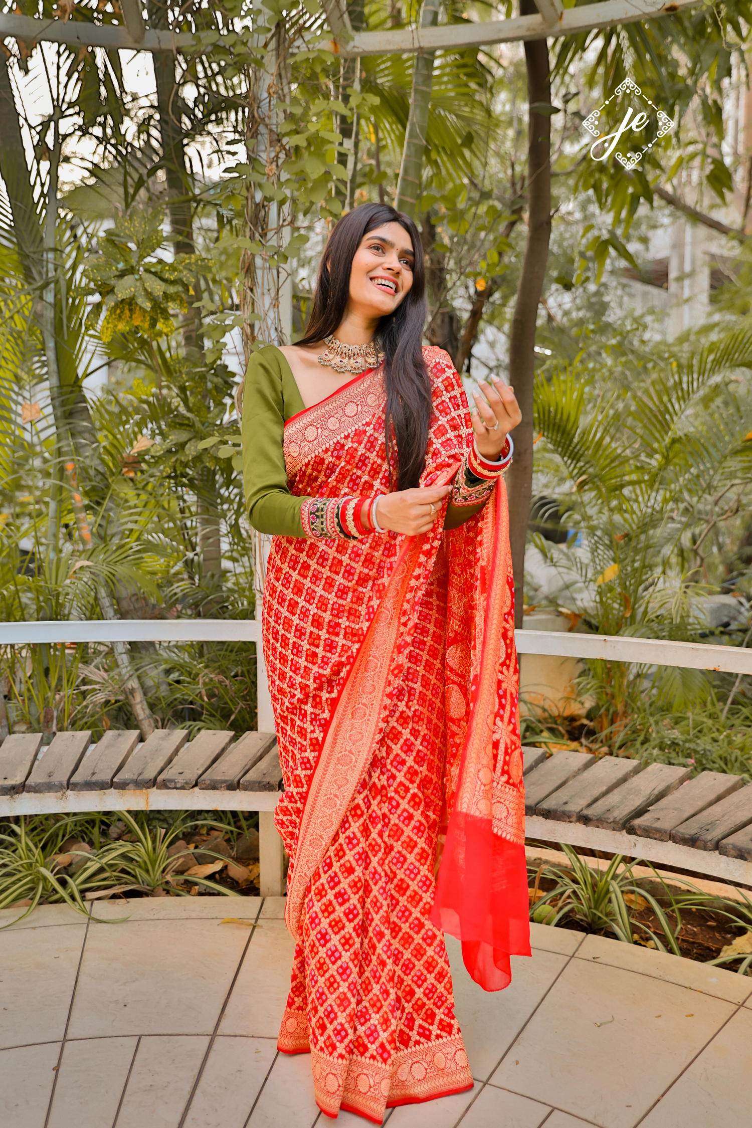 Red Bandhej Khaddi Banarasi Saree