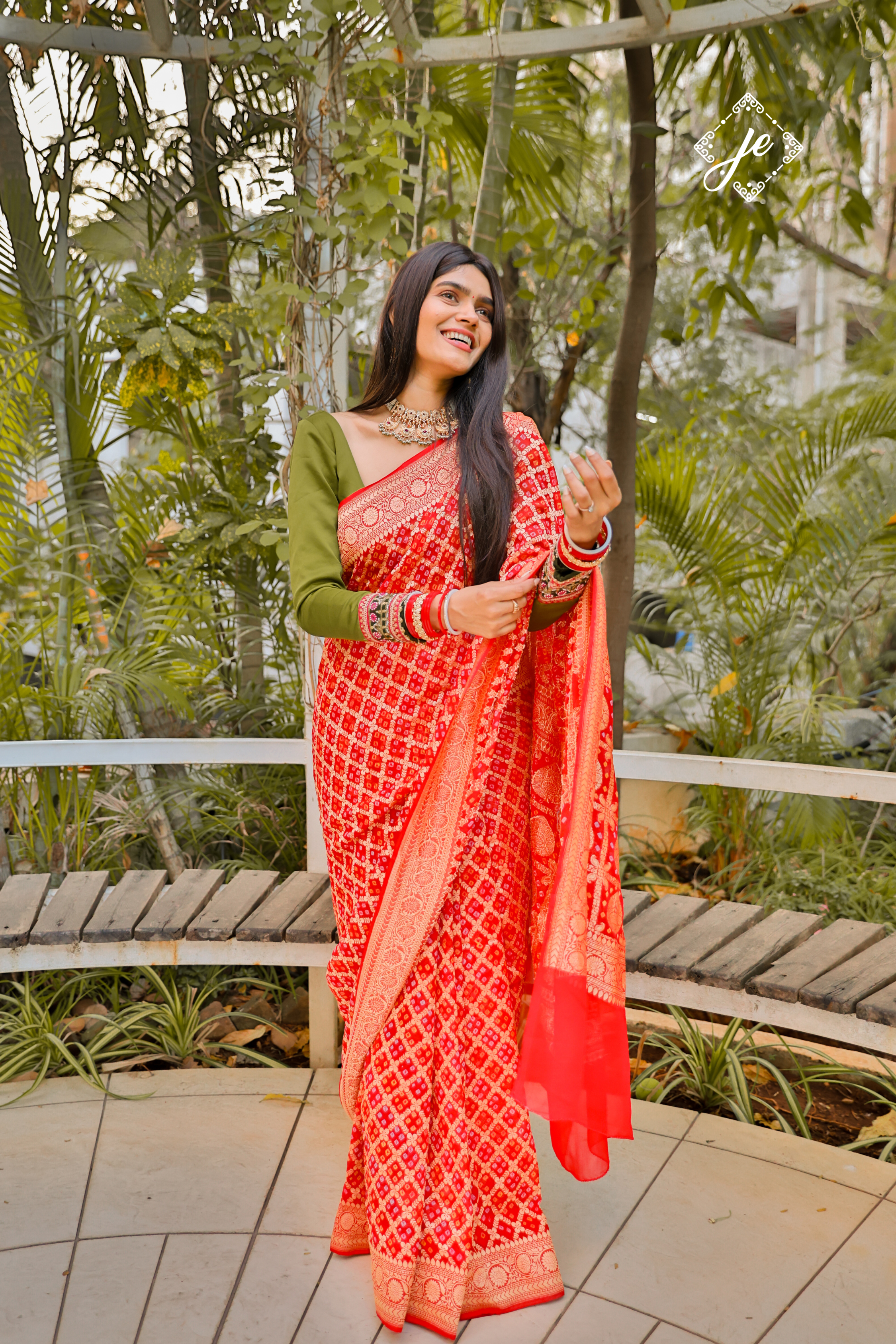 Red Bandhej Khaddi Banarasi Saree