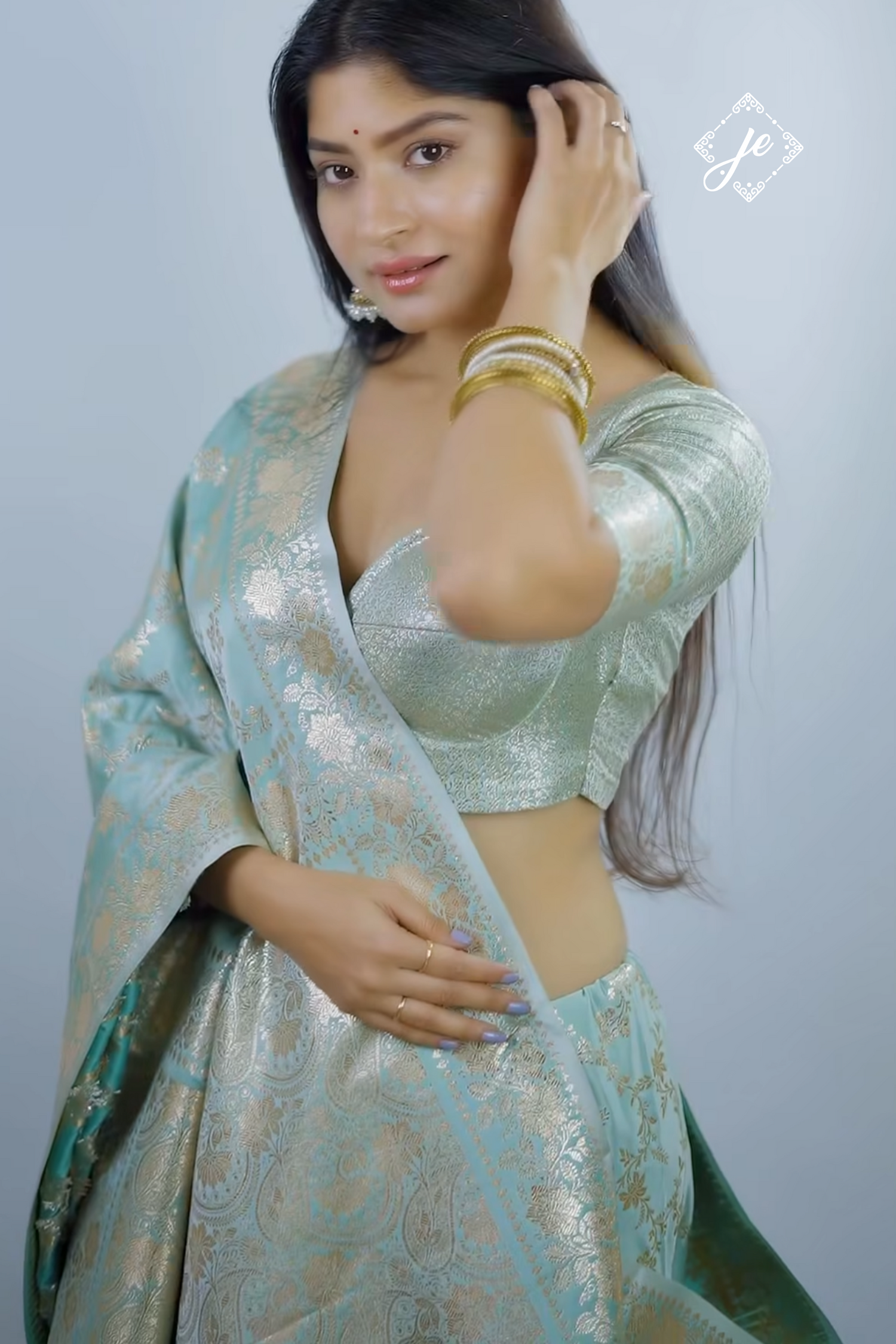 Light Blue Satin Silk Jaal Banarasi Saree