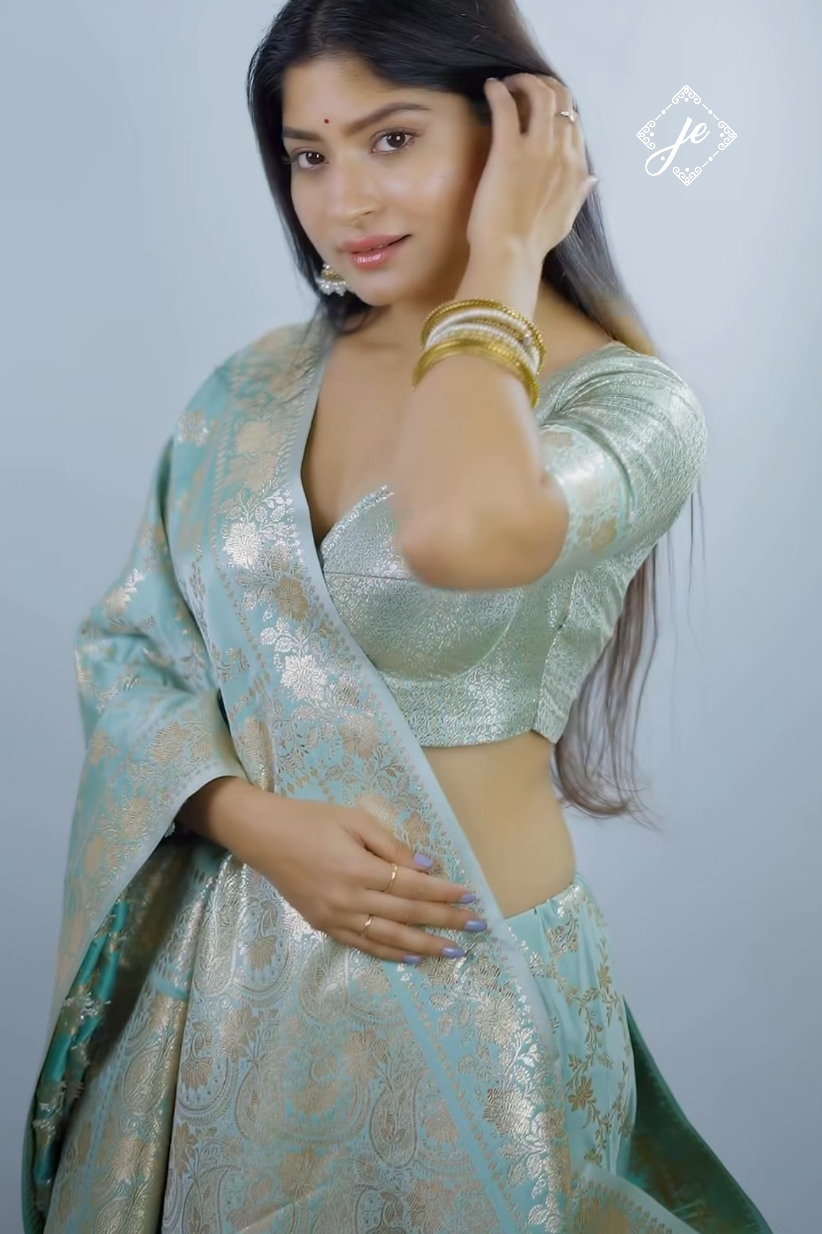 Light Blue Satin Silk Jaal Banarasi Saree