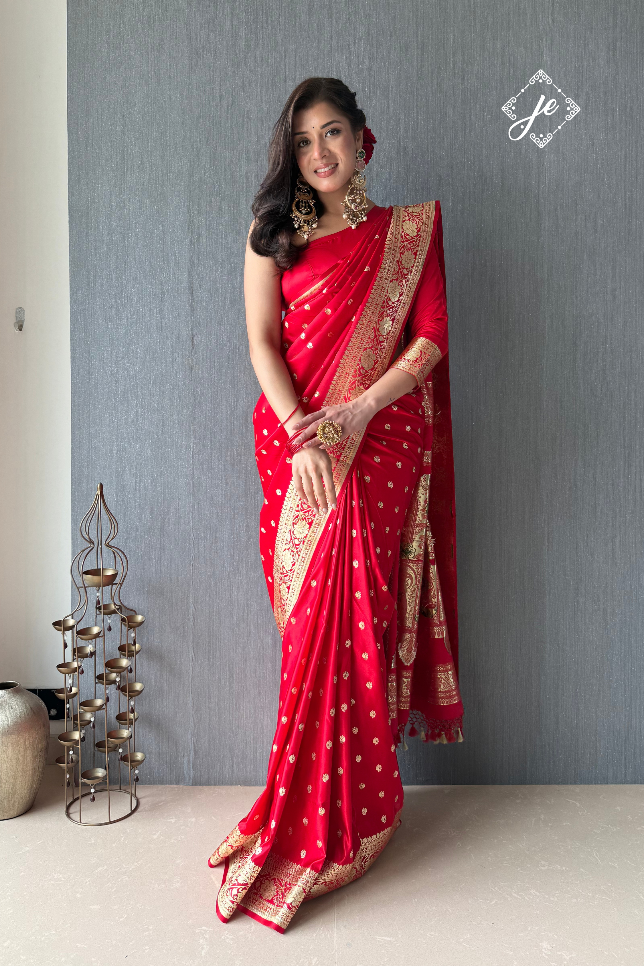 Red Satin Silk Buti Leheriya Mix Meenakari Banarasi Saree