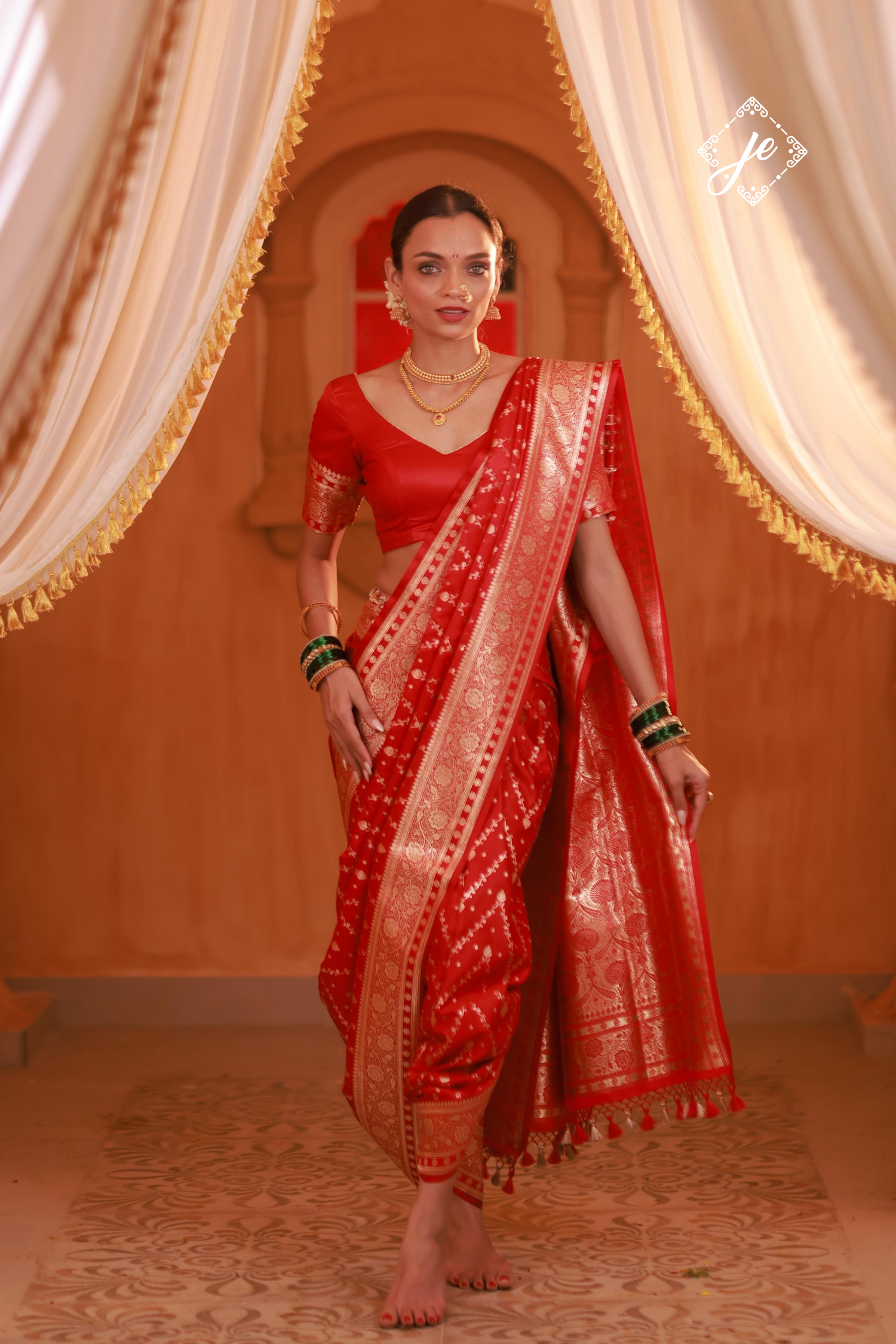 Red Satin Silk Chevron Banarasi Saree
