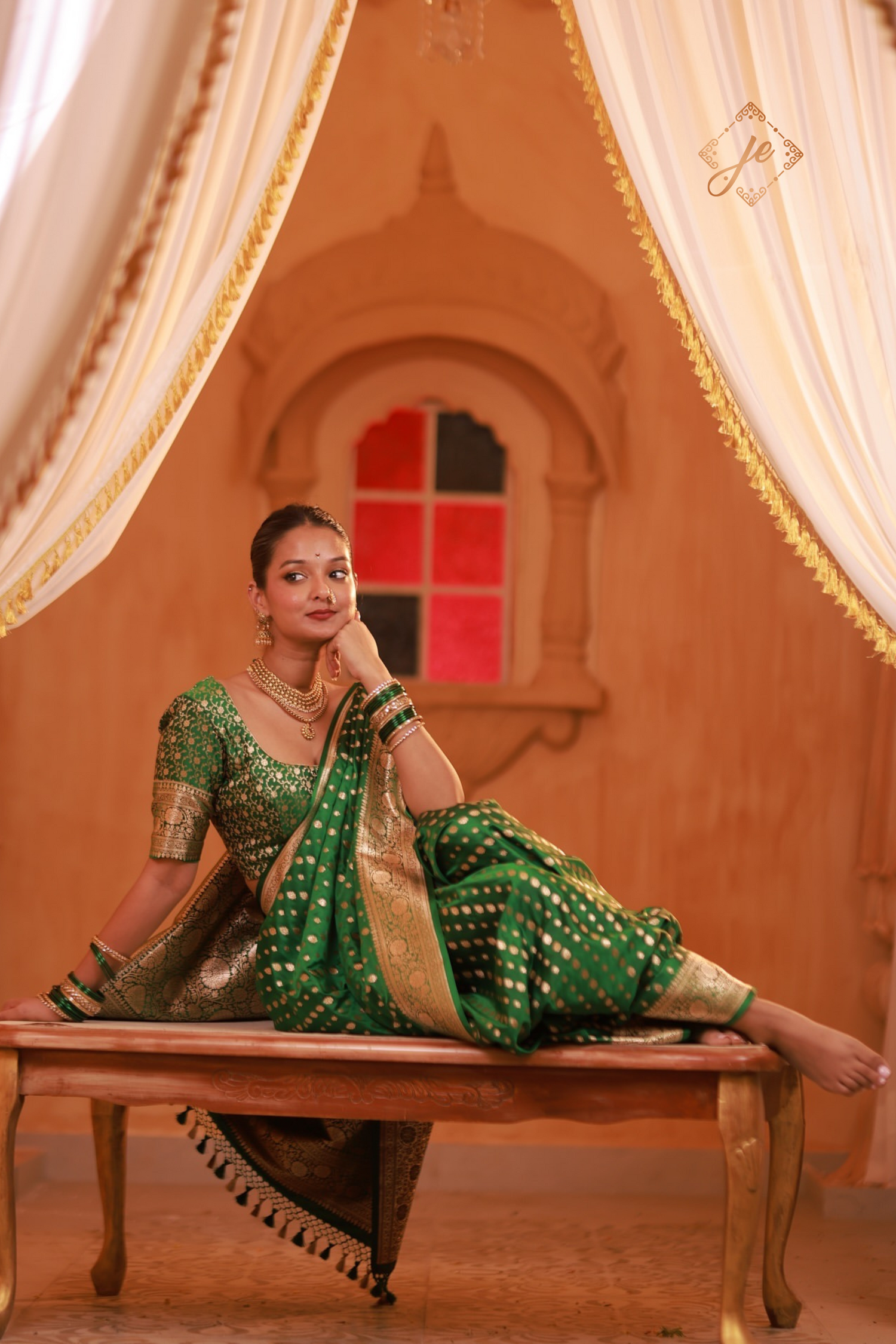 Green Satin Silk Leheriya Buti Banarasi Saree