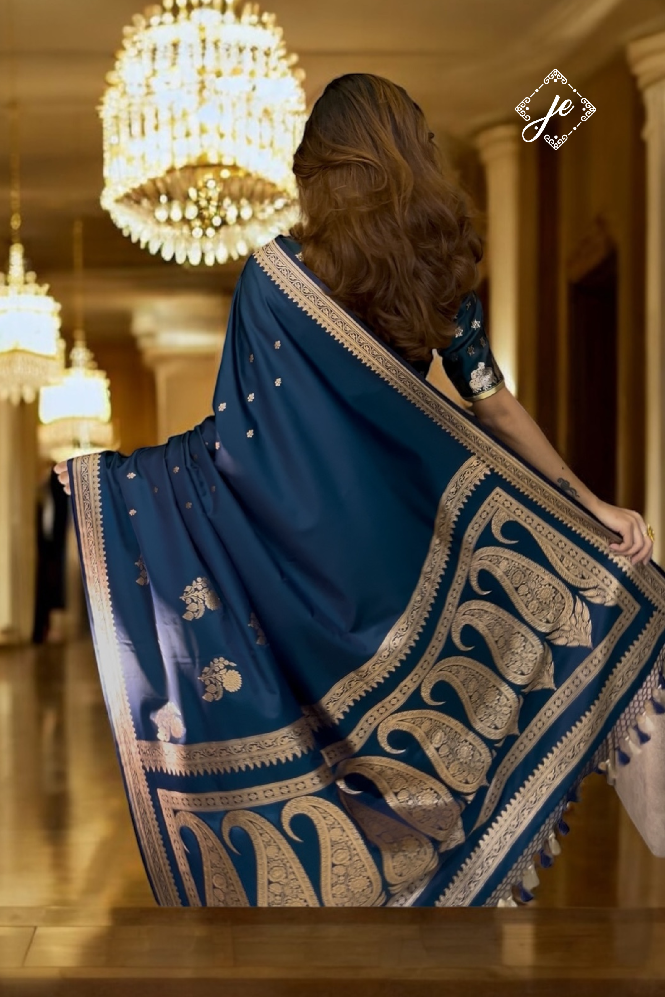 German Blue Satin Silk Banarasi Saree