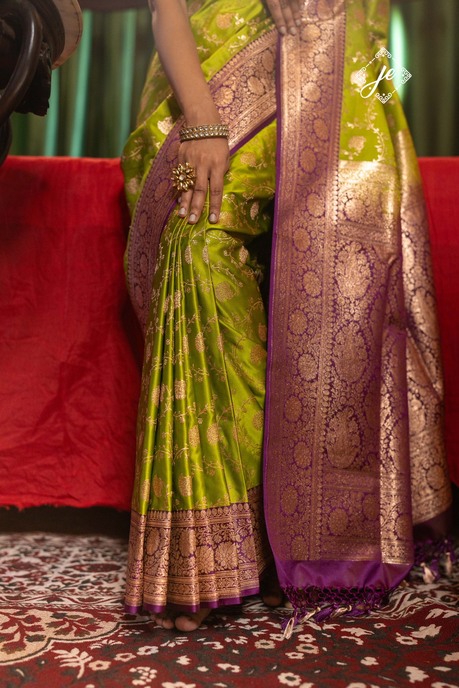 Dhani Green Satin Silk with Contrast Purple Border Banarasi Saree